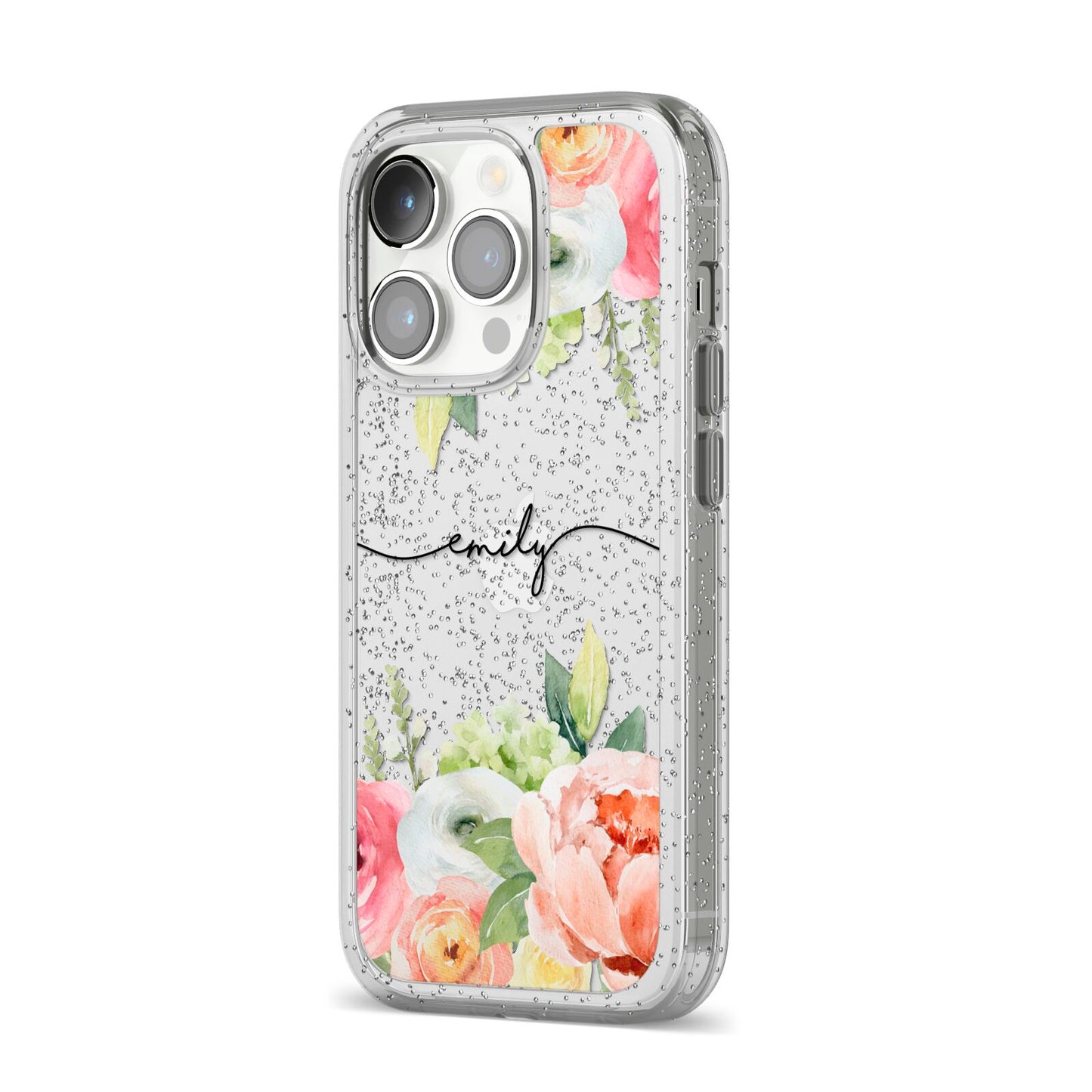 Personalised Flowers iPhone 14 Pro Glitter Tough Case Silver Angled Image