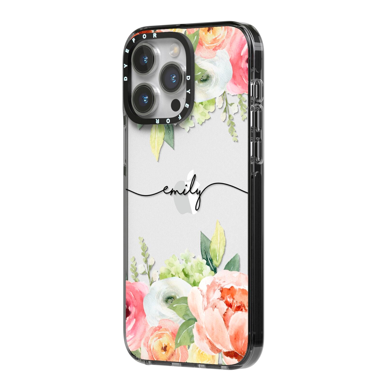 Personalised Flowers iPhone 14 Pro Max Black Impact Case Side Angle on Silver phone