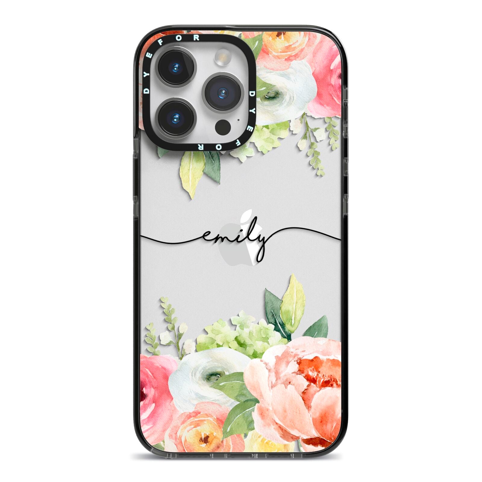 Personalised Flowers iPhone 14 Pro Max Black Impact Case on Silver phone