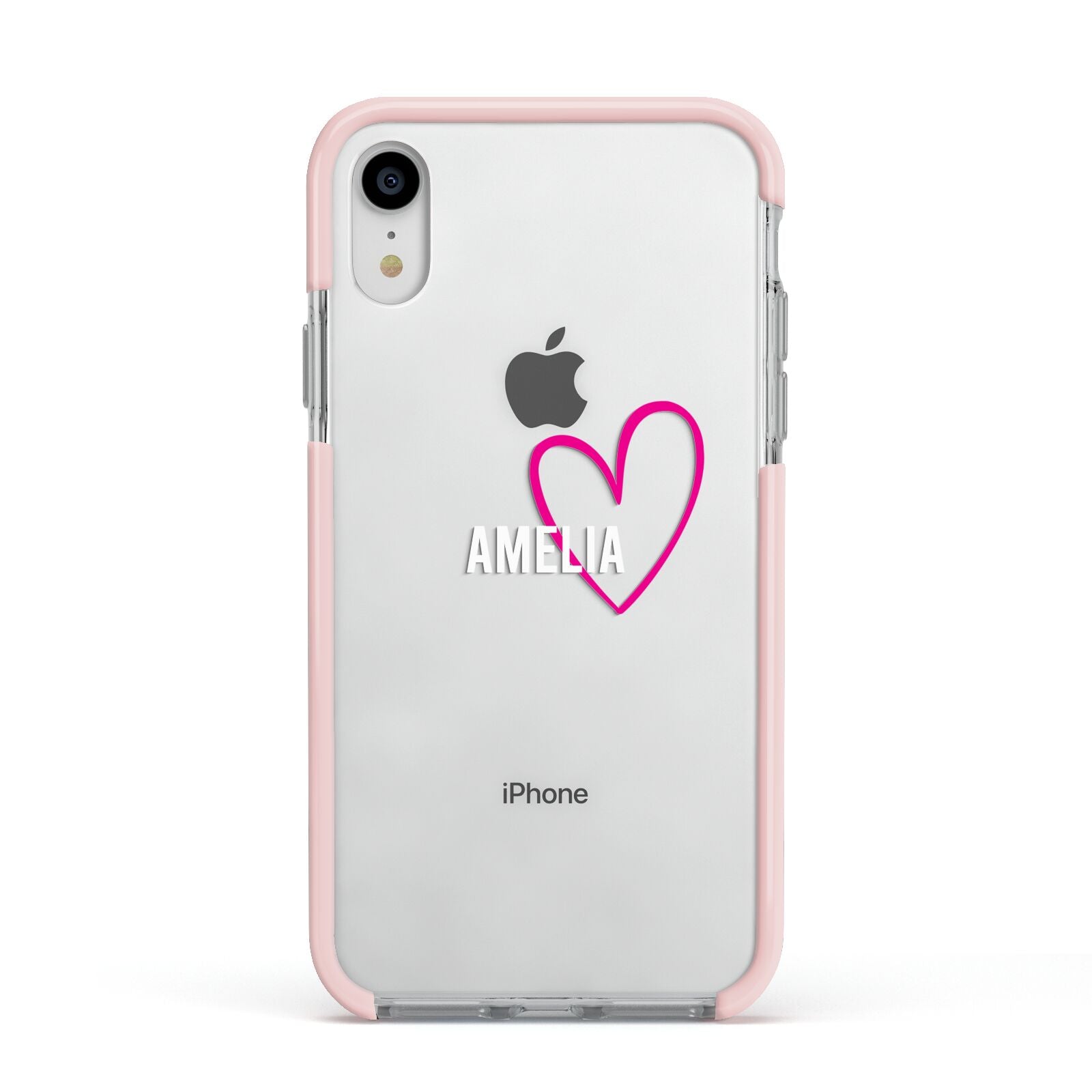 Personalised Font With Heart Apple iPhone XR Impact Case Pink Edge on Silver Phone