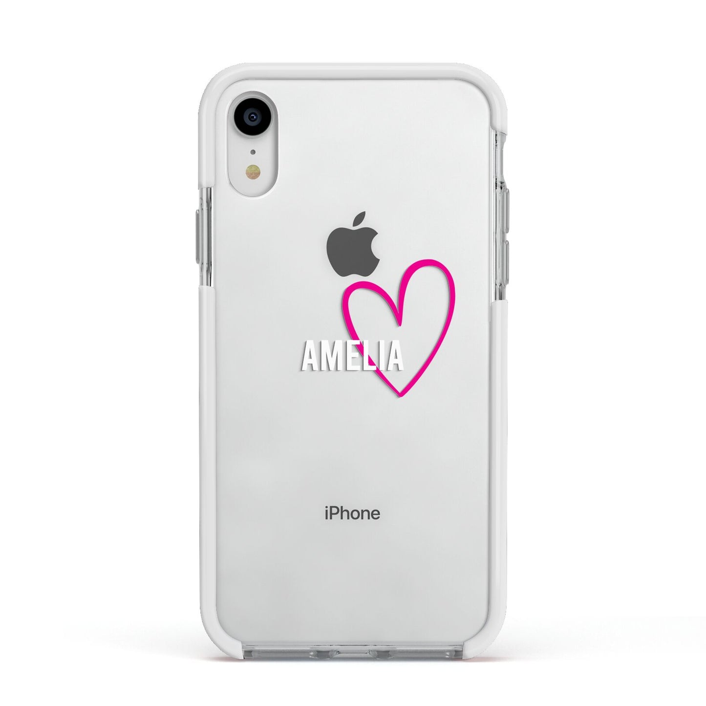 Personalised Font With Heart Apple iPhone XR Impact Case White Edge on Silver Phone