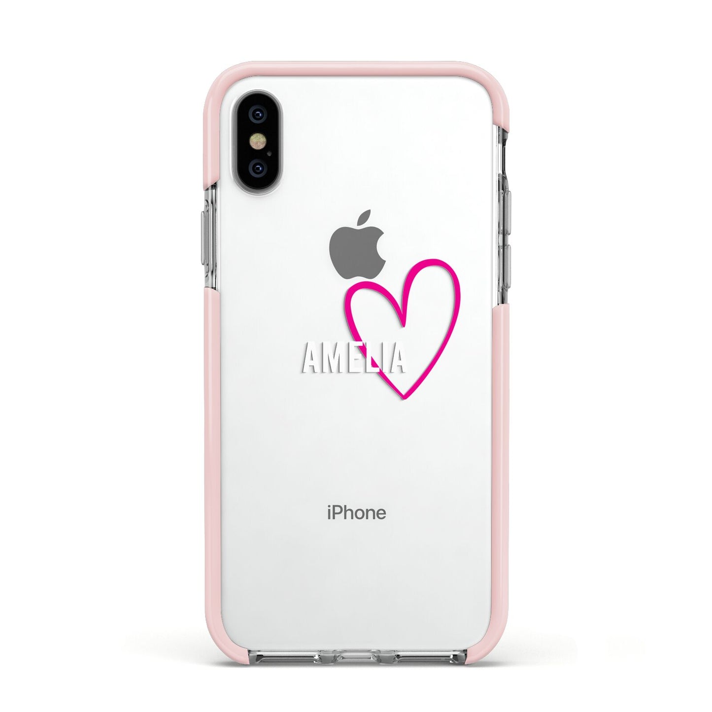 Personalised Font With Heart Apple iPhone Xs Impact Case Pink Edge on Silver Phone