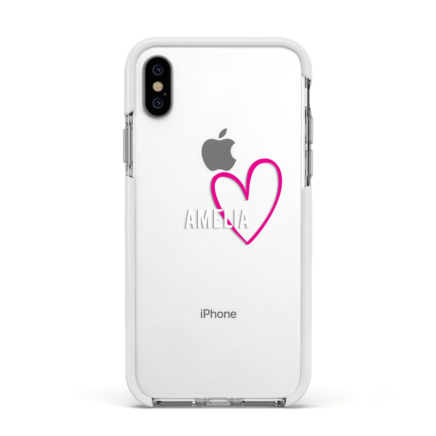 Personalised Font With Heart Apple iPhone Xs Impact Case White Edge on Silver Phone
