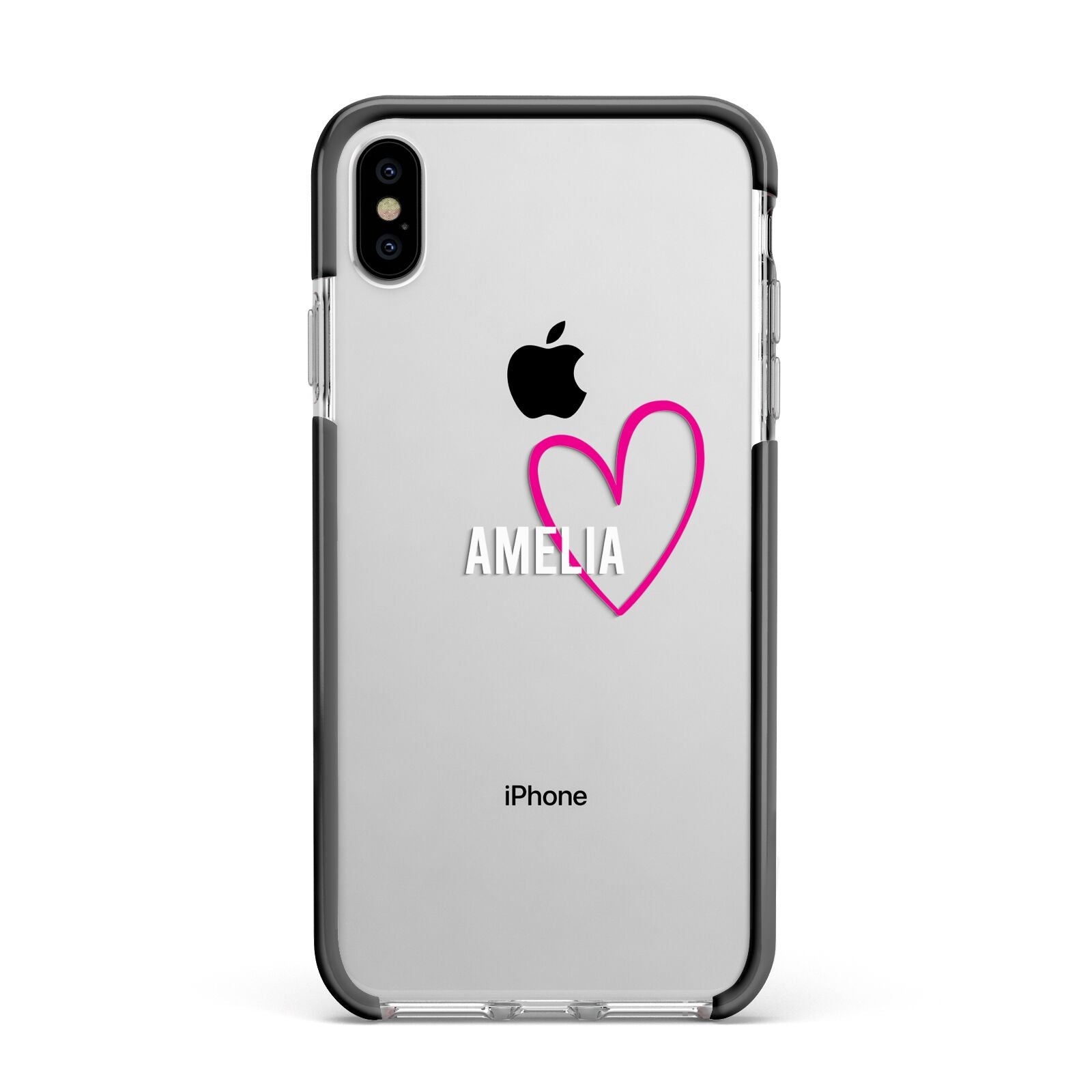 Personalised Font With Heart Apple iPhone Xs Max Impact Case Black Edge on Silver Phone