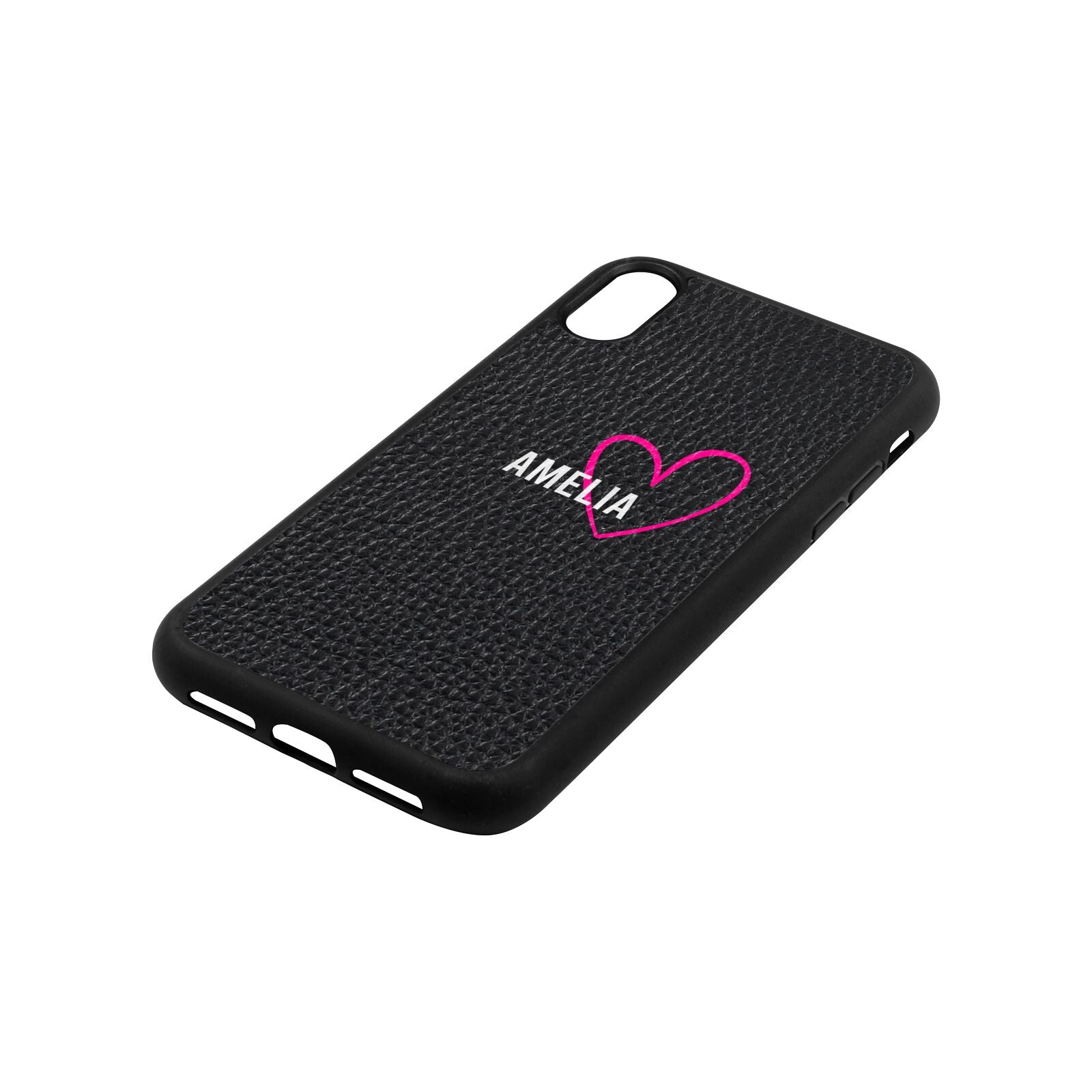 Personalised Font With Heart Black Pebble Leather iPhone Xr Case Side Angle