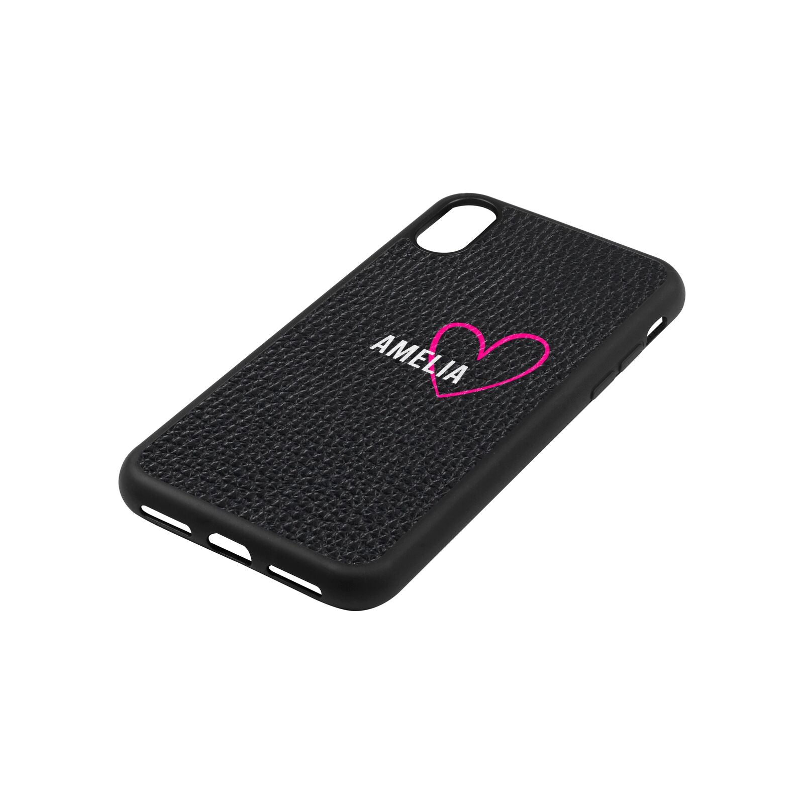 Personalised Font With Heart Black Pebble Leather iPhone Xs Case Side Angle