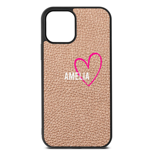 Personalised Font With Heart Rose Gold Pebble Leather iPhone 12 Case