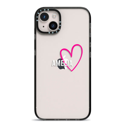 Personalised Font With Heart iPhone 14 Plus Black Impact Case on Silver phone