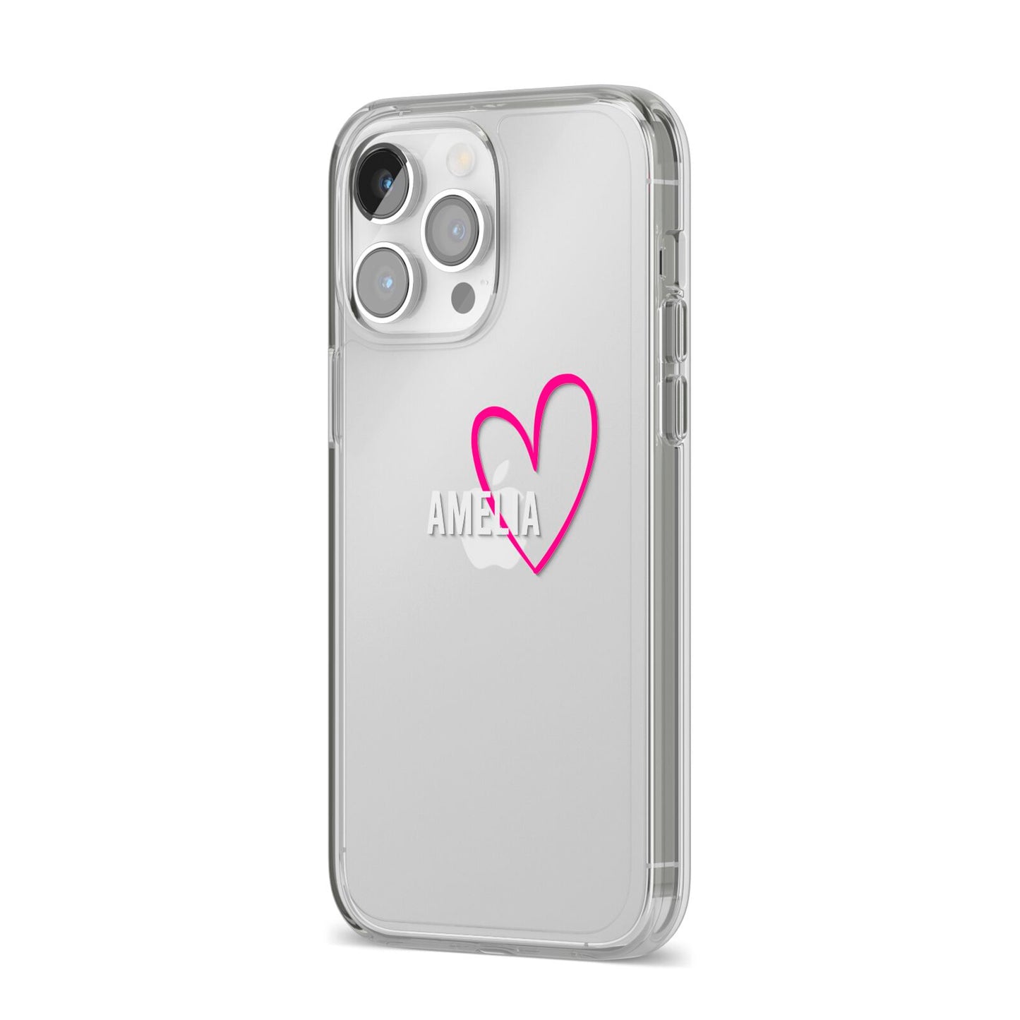 Personalised Font With Heart iPhone 14 Pro Max Clear Tough Case Silver Angled Image