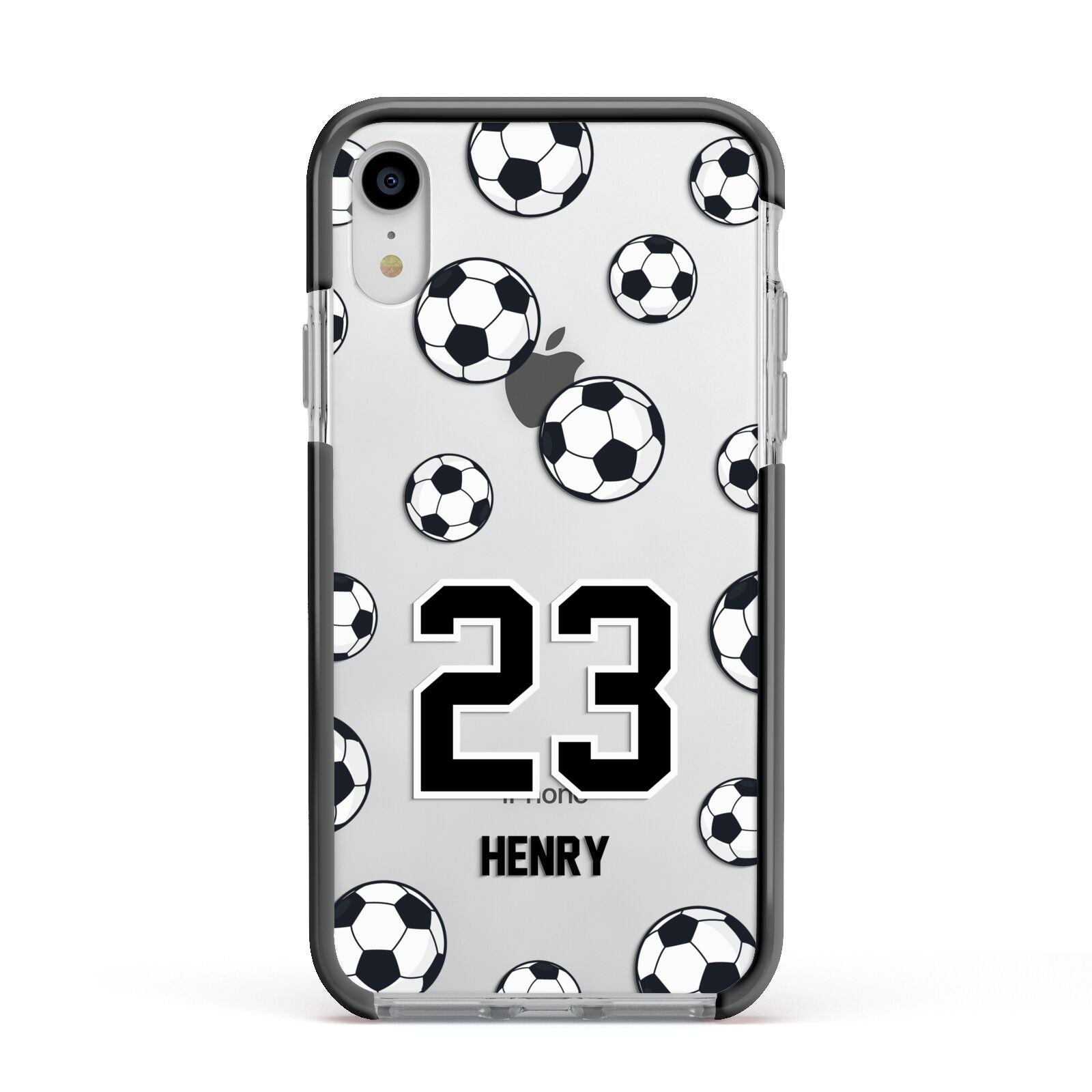 Personalised Football Apple iPhone XR Impact Case Black Edge on Silver Phone