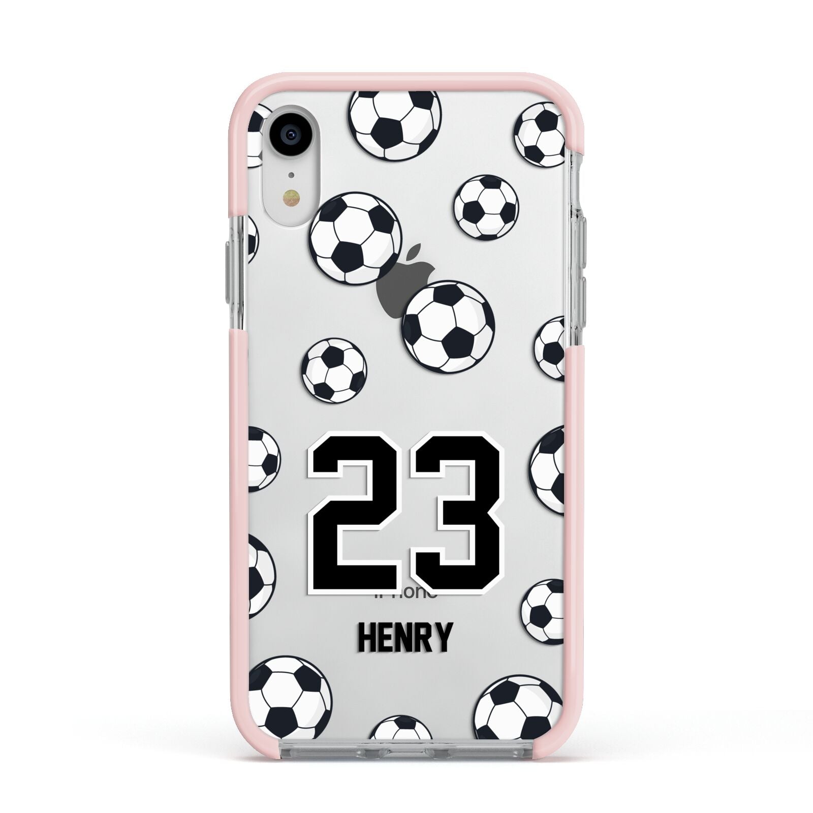 Personalised Football Apple iPhone XR Impact Case Pink Edge on Silver Phone