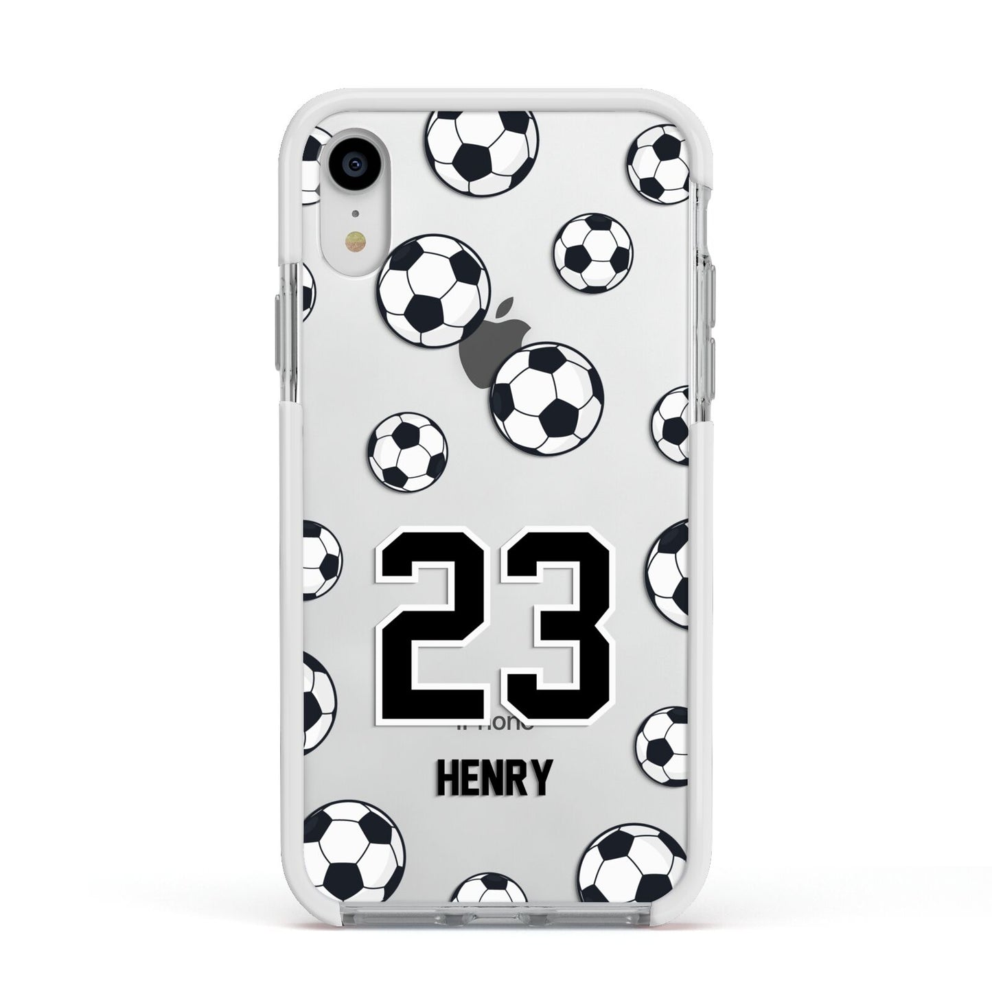 Personalised Football Apple iPhone XR Impact Case White Edge on Silver Phone