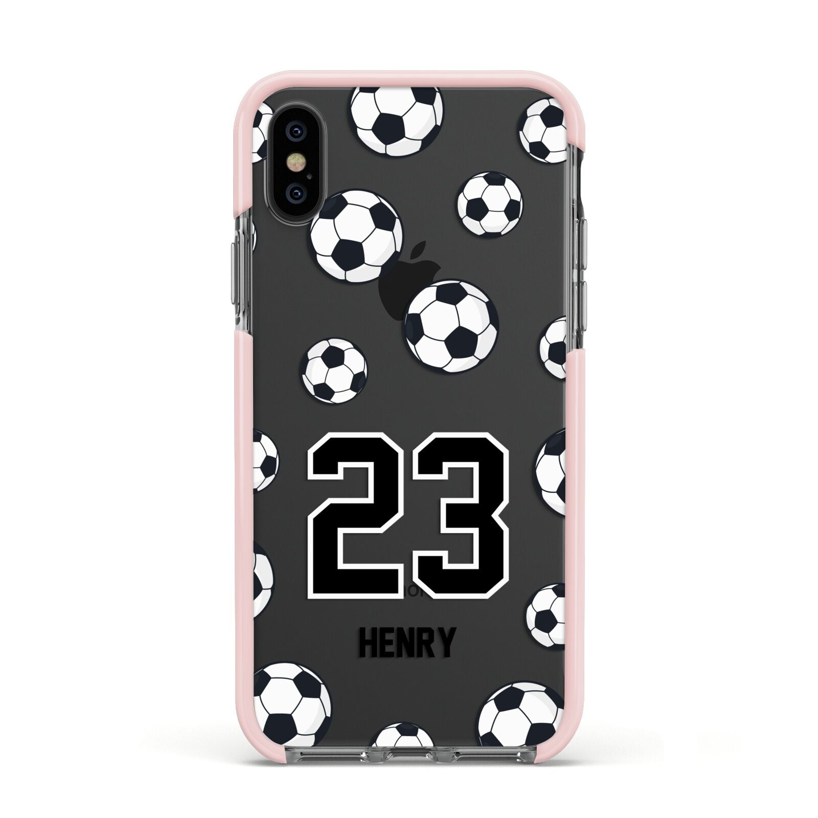 Personalised Football Apple iPhone Xs Impact Case Pink Edge on Black Phone