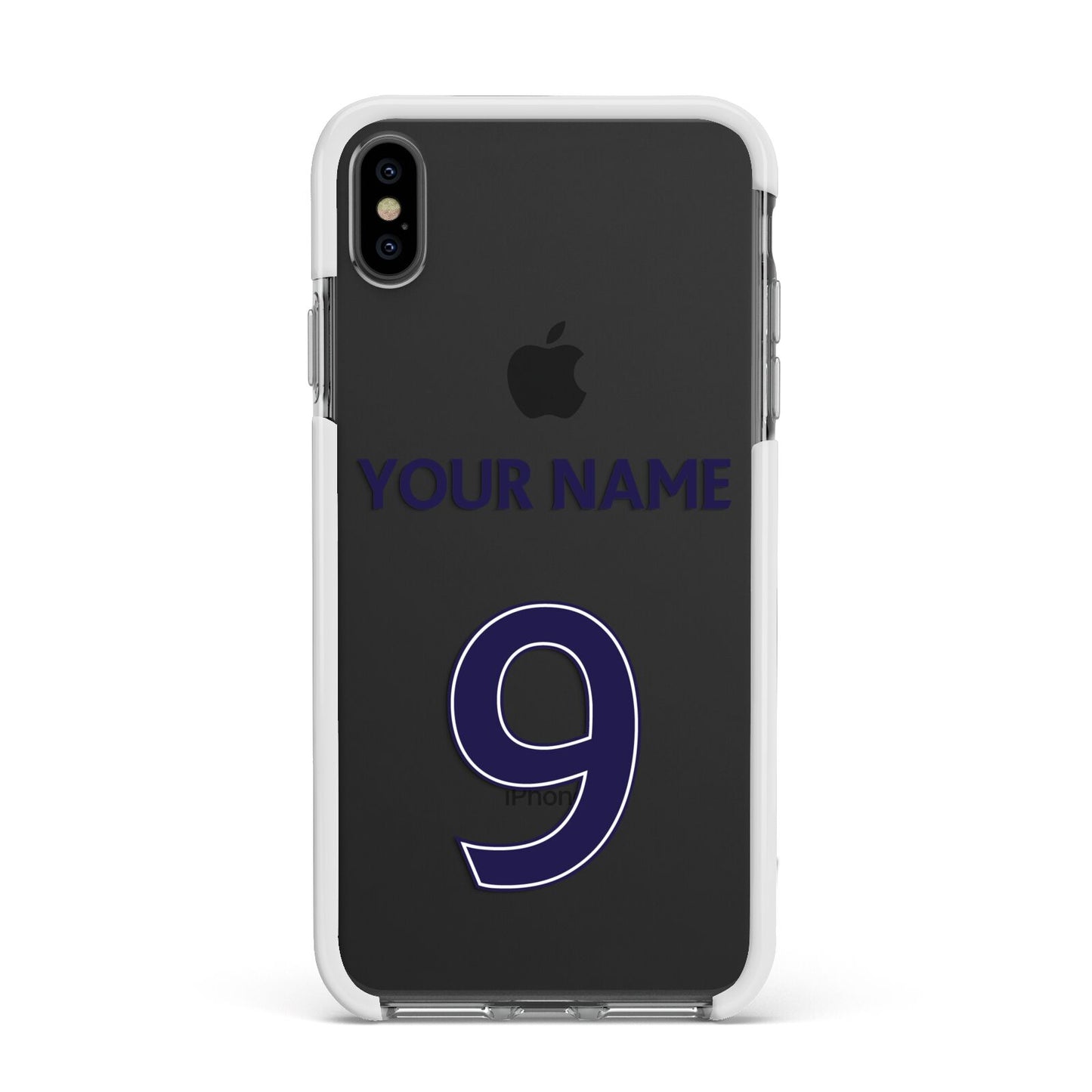 Personalised Football Name and Number Apple iPhone Xs Max Impact Case White Edge on Black Phone