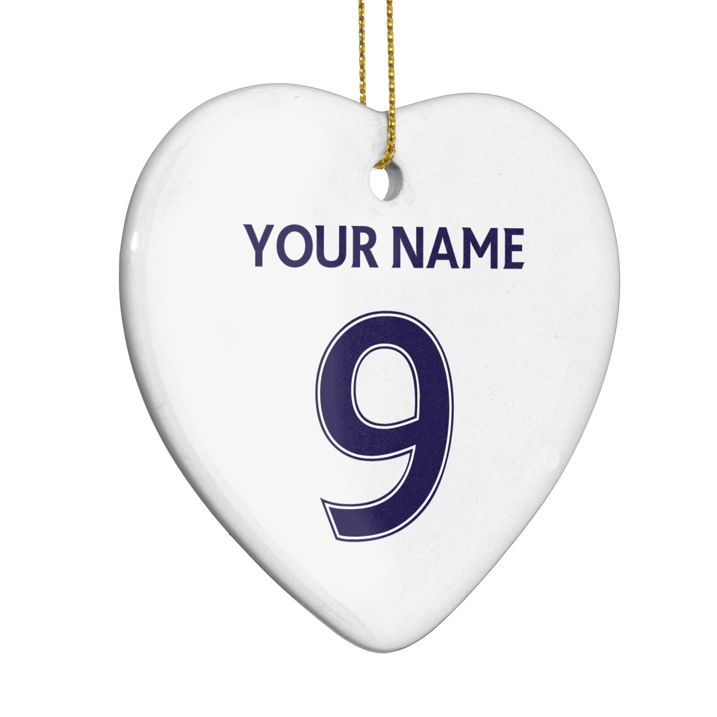 Personalised Football Name and Number Heart Decoration Side Angle