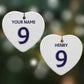 Personalised Football Name and Number Heart Decoration on Christmas Background