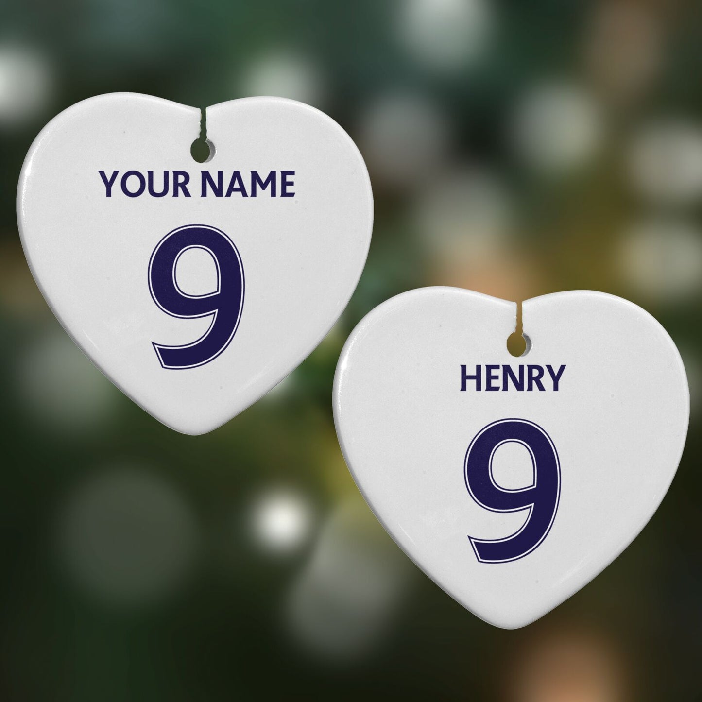 Personalised Football Name and Number Heart Decoration on Christmas Background