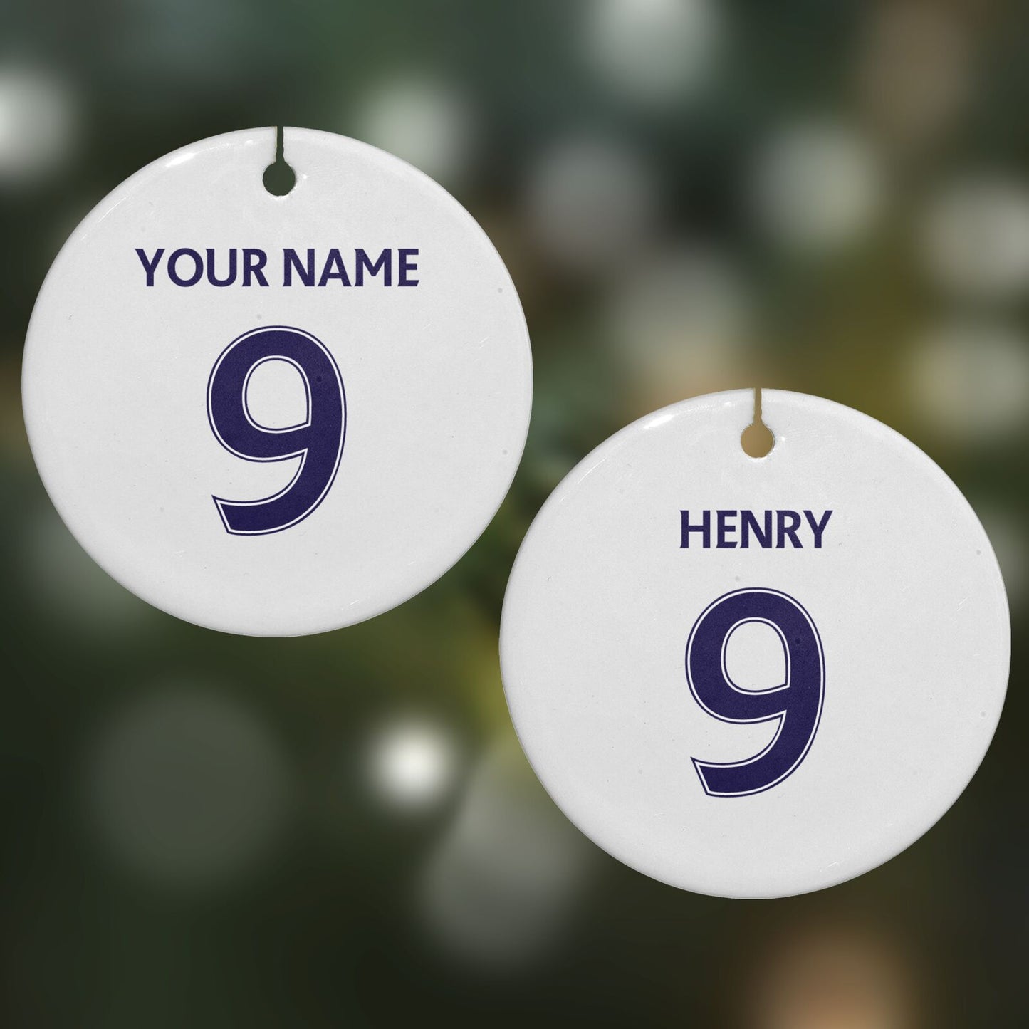 Personalised Football Name and Number Round Decoration on Christmas Background
