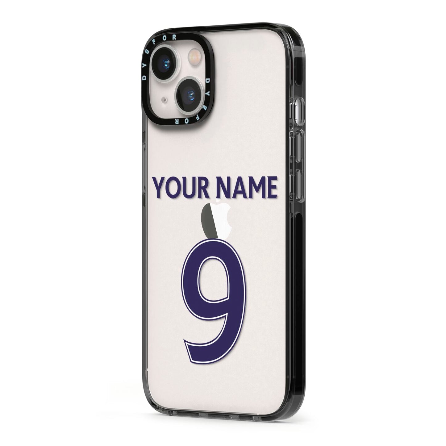 Personalised Football Name and Number iPhone 13 Black Impact Case Side Angle on Silver phone