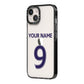 Personalised Football Name and Number iPhone 14 Black Impact Case Side Angle on Silver phone