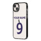 Personalised Football Name and Number iPhone 14 Plus Black Impact Case Side Angle on Silver phone