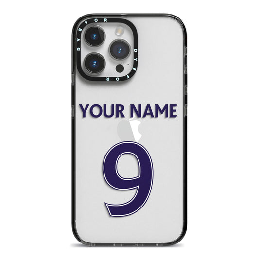 Personalised Football Name and Number iPhone 14 Pro Max Black Impact Case on Silver phone