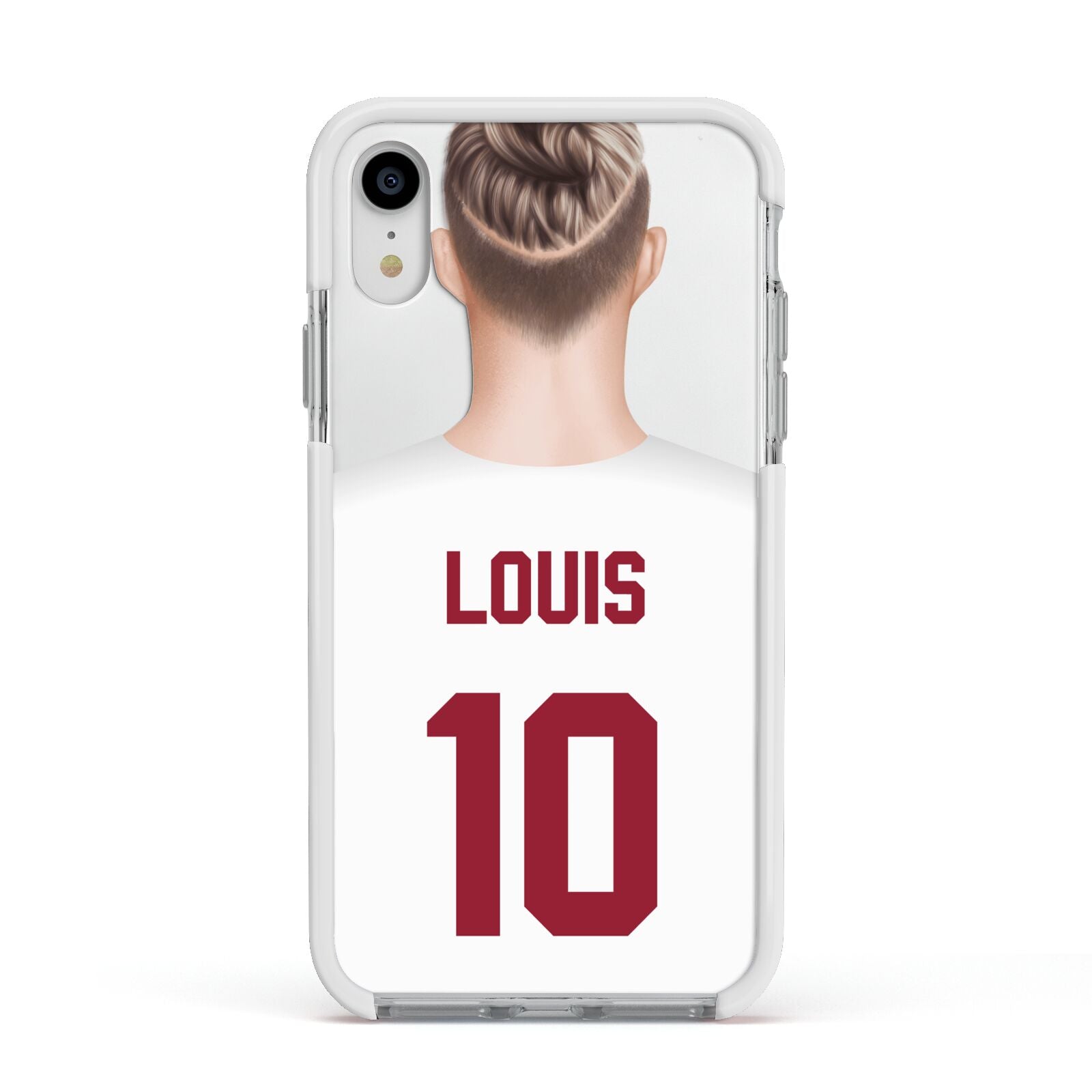 Personalised Football Shirt Apple iPhone XR Impact Case White Edge on Silver Phone