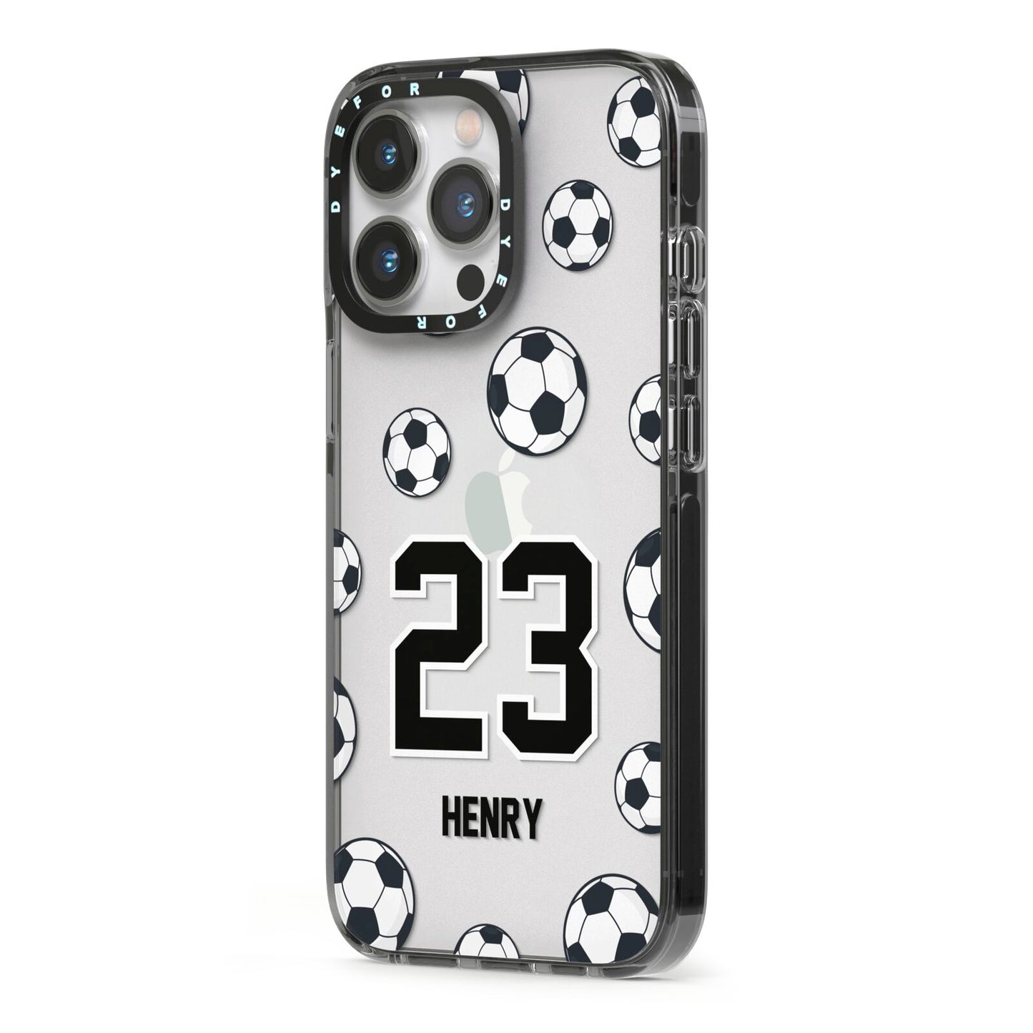 Personalised Football iPhone 13 Pro Black Impact Case Side Angle on Silver phone