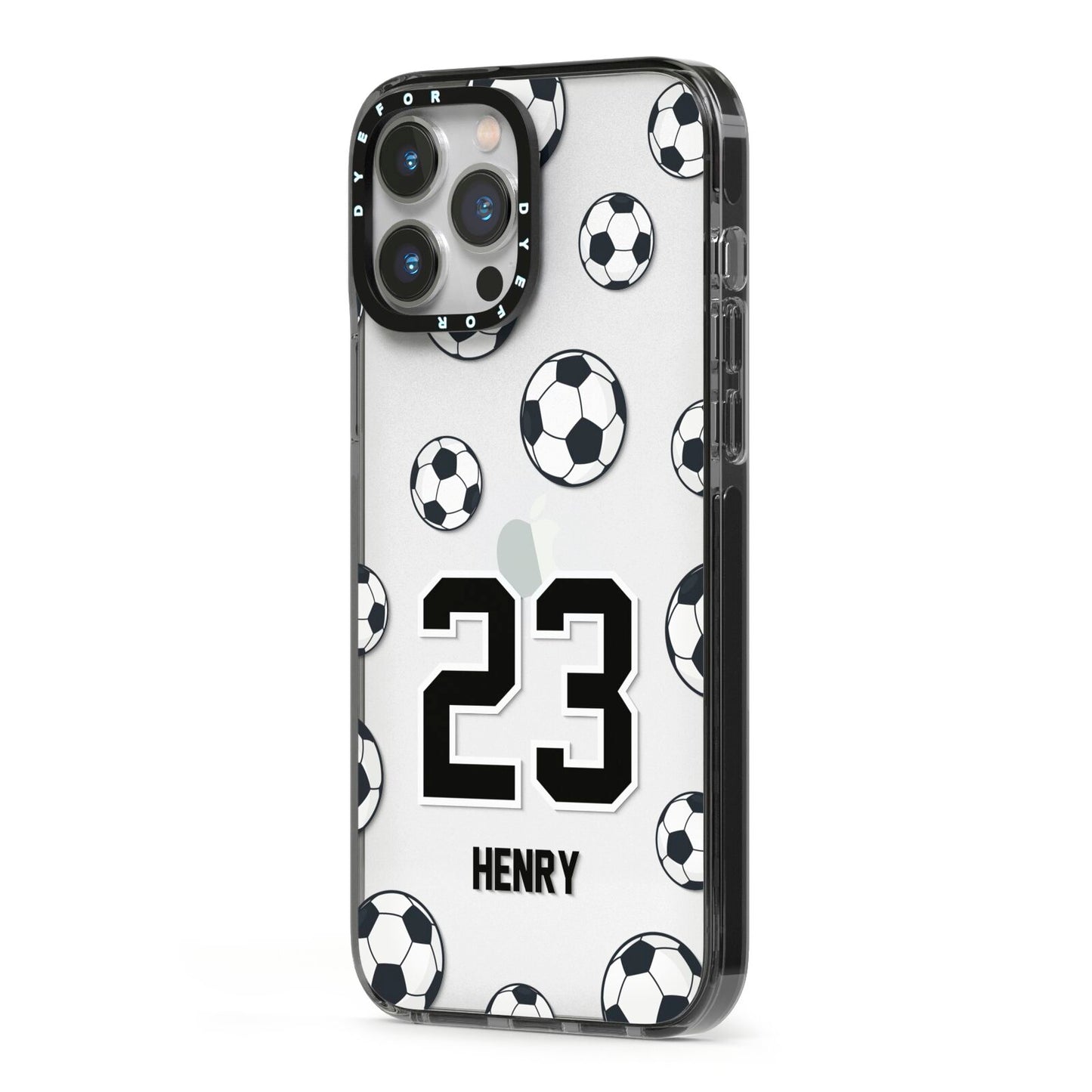 Personalised Football iPhone 13 Pro Max Black Impact Case Side Angle on Silver phone