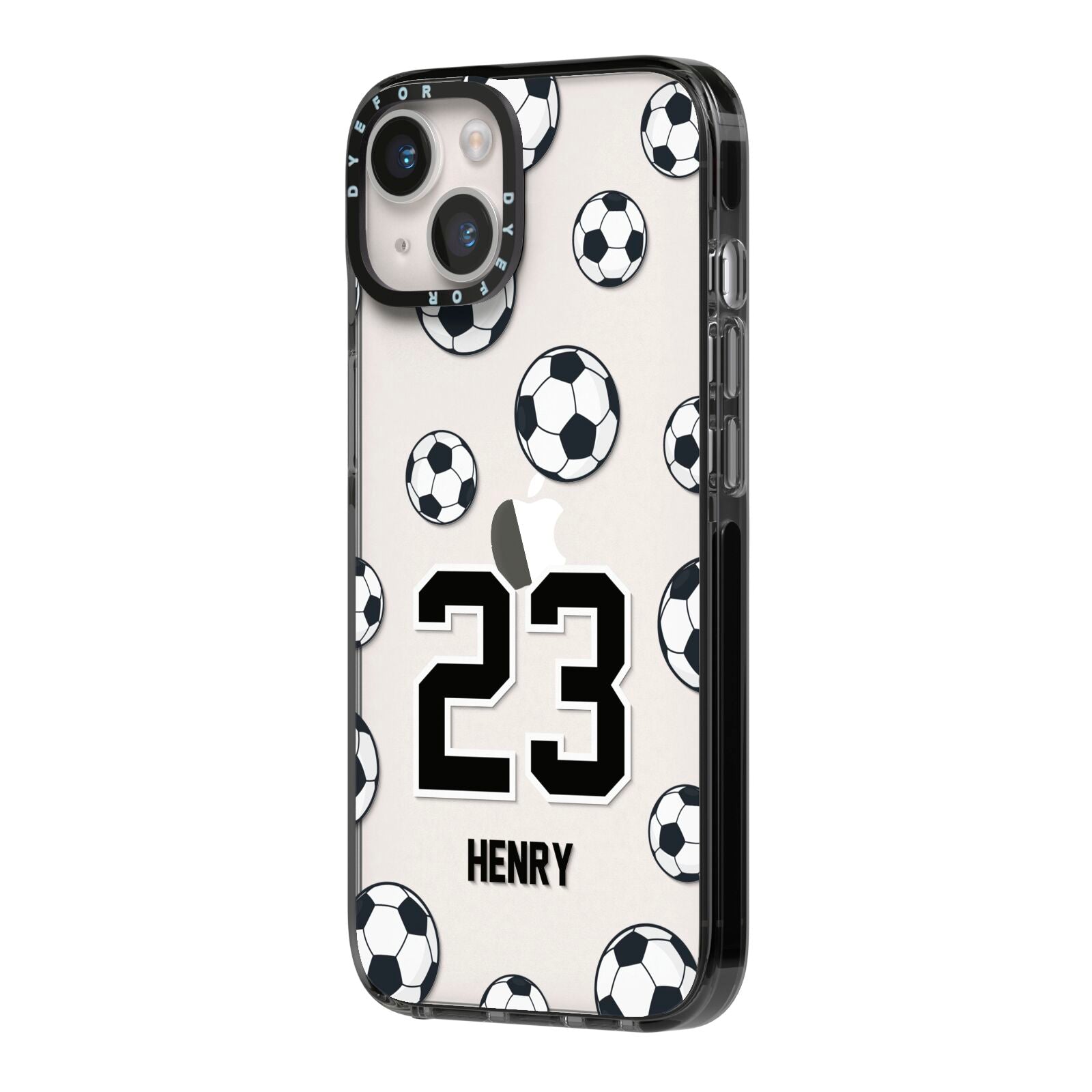 Personalised Football iPhone 14 Black Impact Case Side Angle on Silver phone