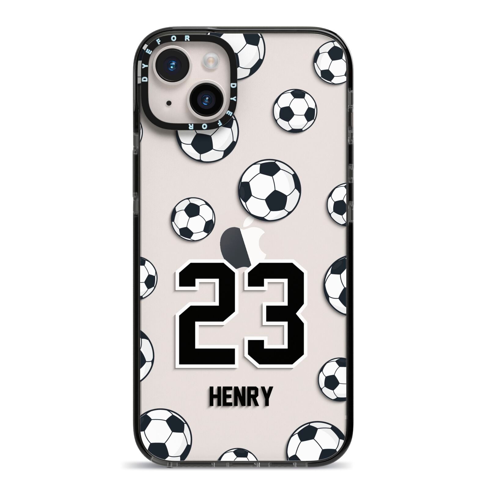 Personalised Football iPhone 14 Plus Black Impact Case on Silver phone