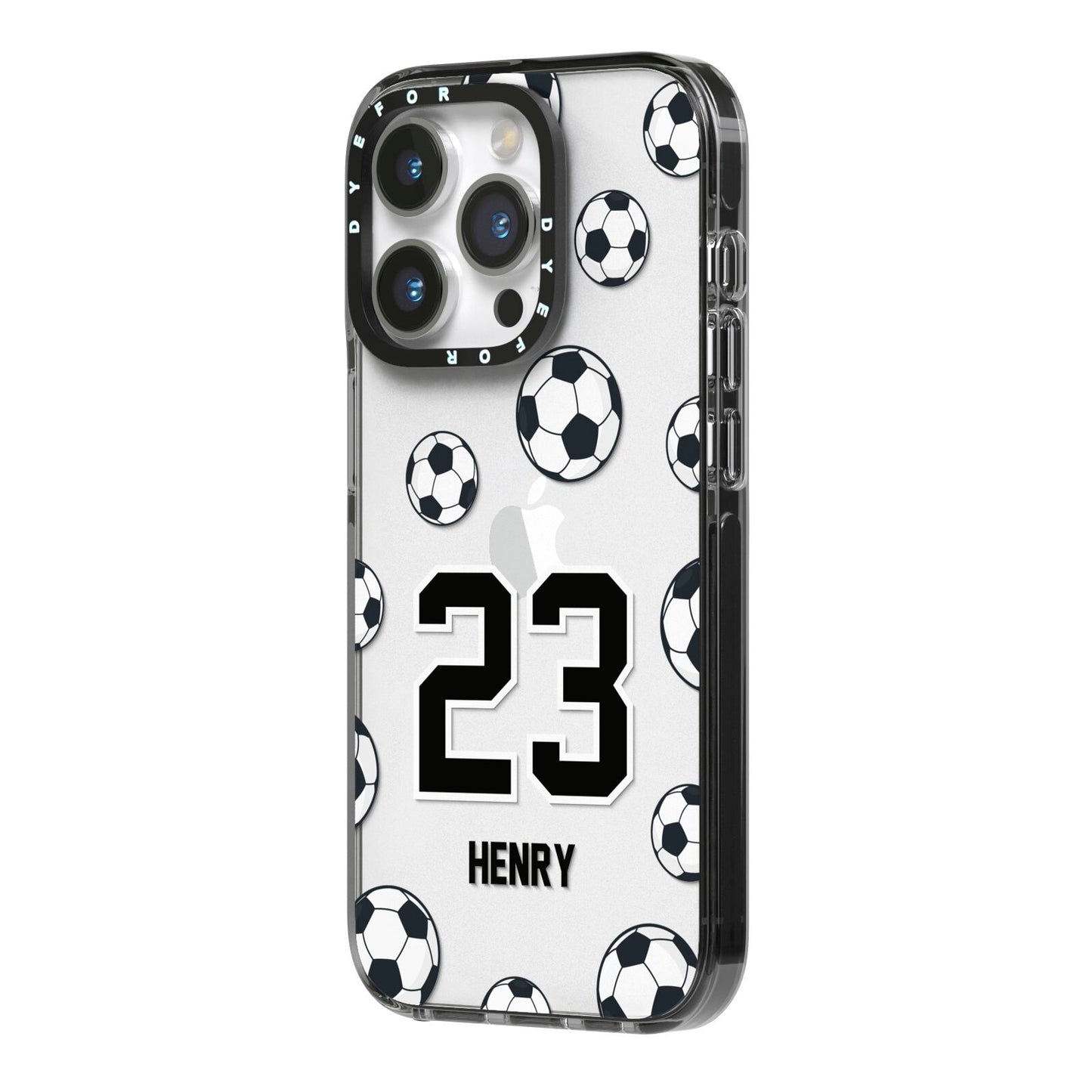 Personalised Football iPhone 14 Pro Black Impact Case Side Angle on Silver phone