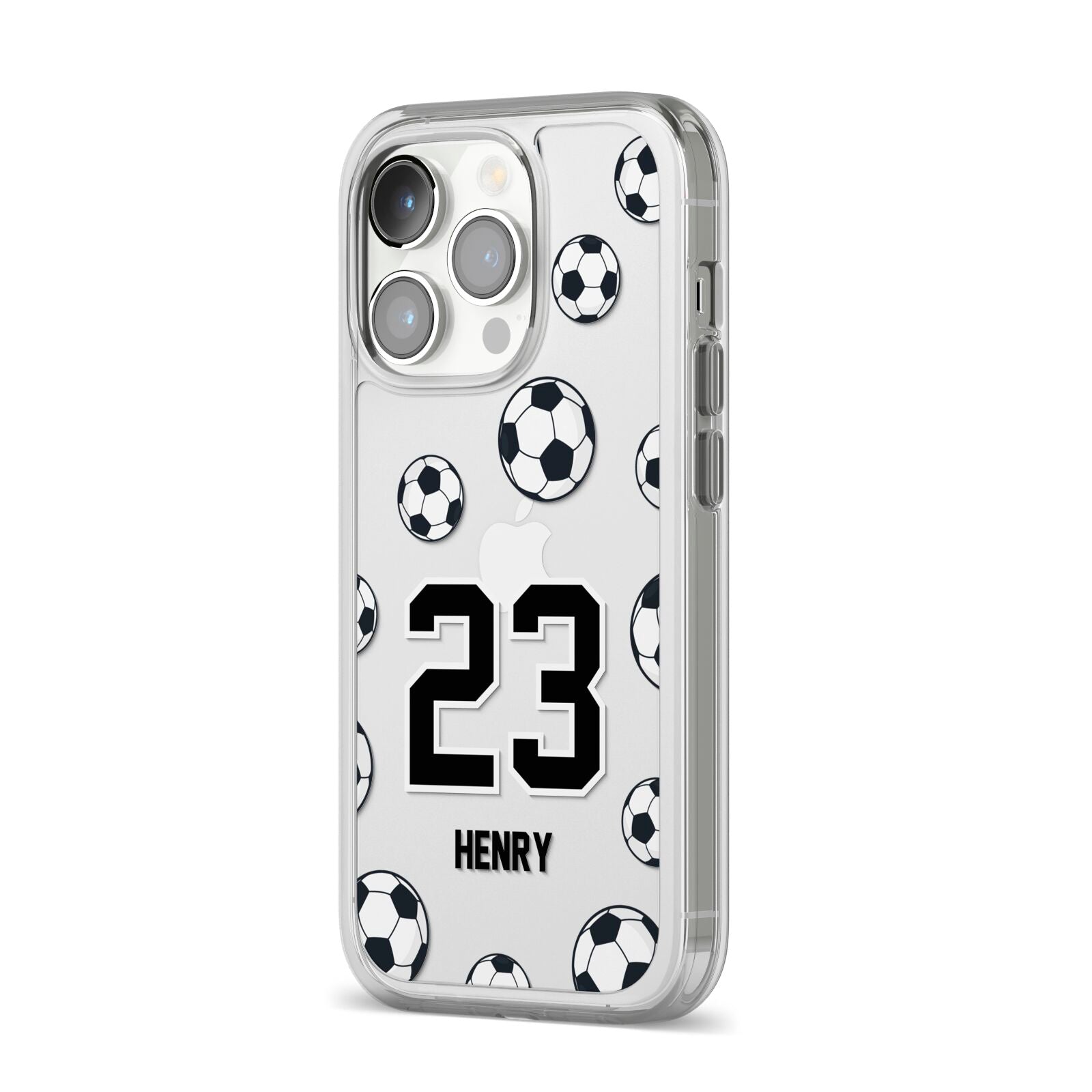 Personalised Football iPhone 14 Pro Clear Tough Case Silver Angled Image