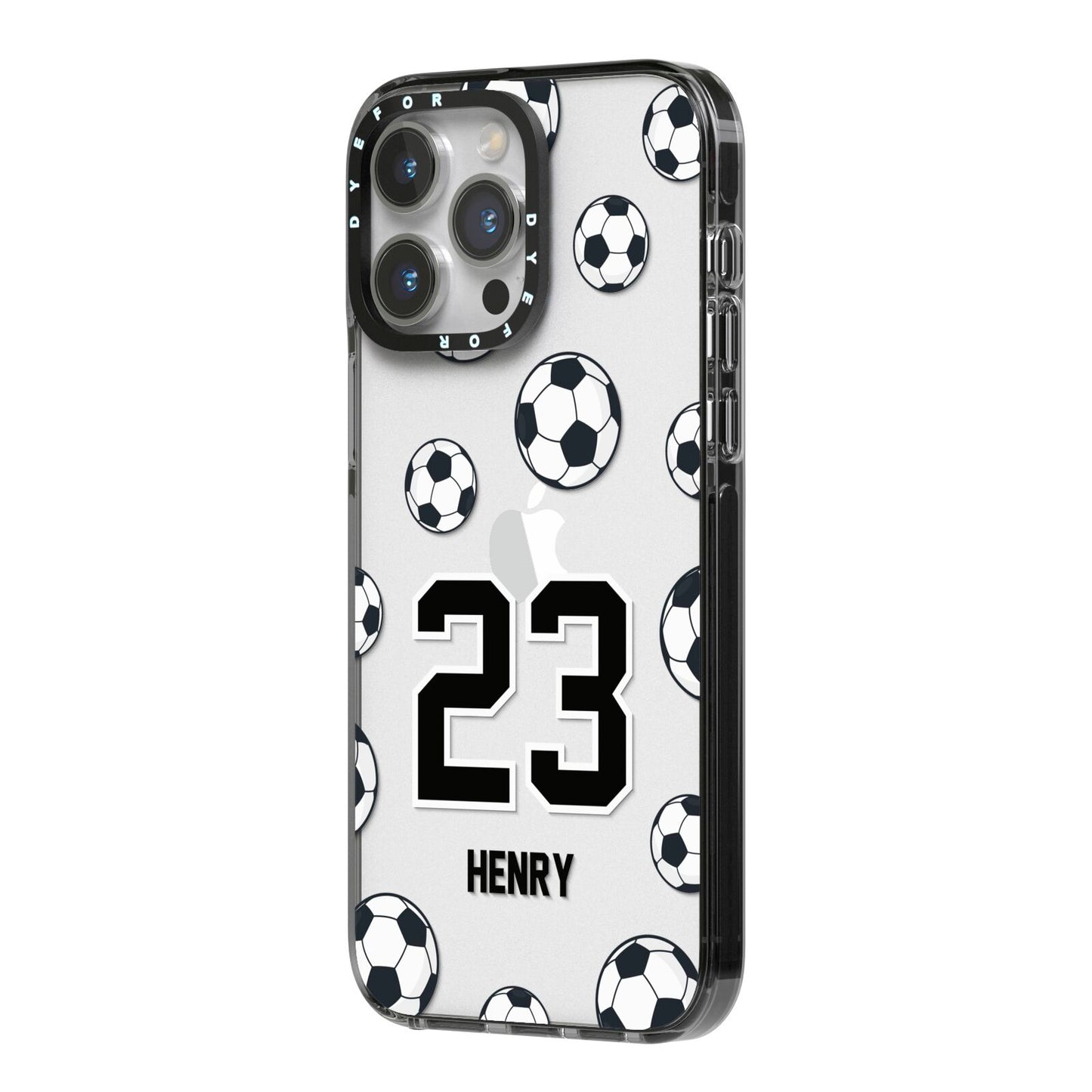 Personalised Football iPhone 14 Pro Max Black Impact Case Side Angle on Silver phone