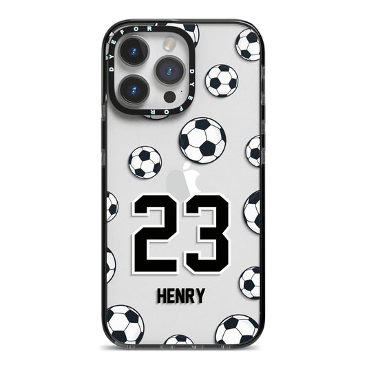 Personalised Football iPhone 14 Pro Max Black Impact Case on Silver phone