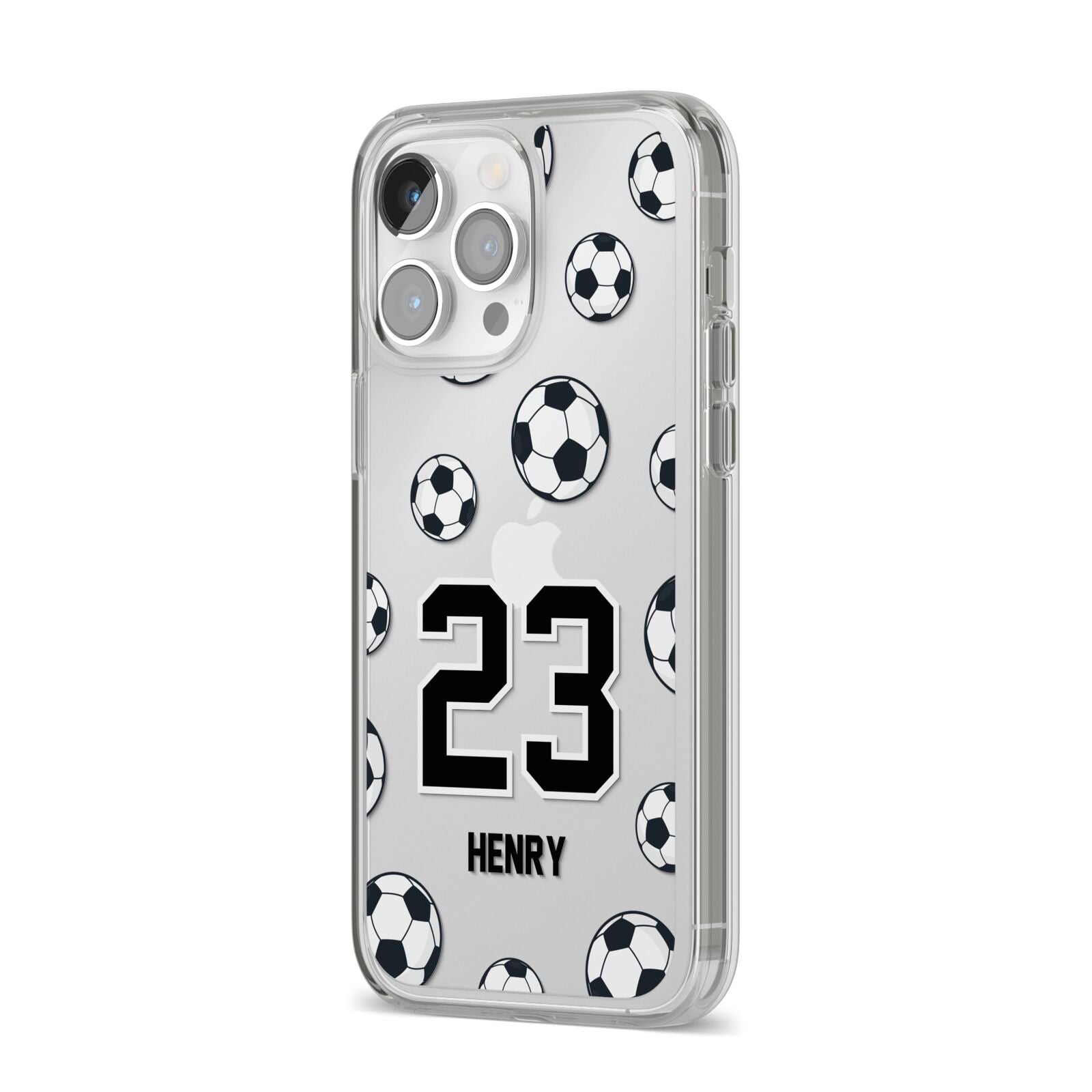 Personalised Football iPhone 14 Pro Max Clear Tough Case Silver Angled Image