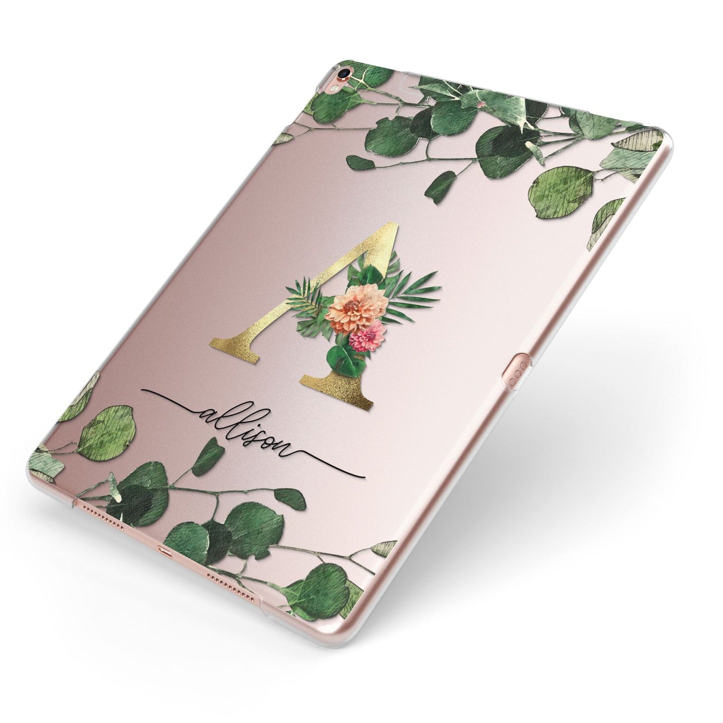 Personalised Forest Monogram Apple iPad Case on Rose Gold iPad Side View