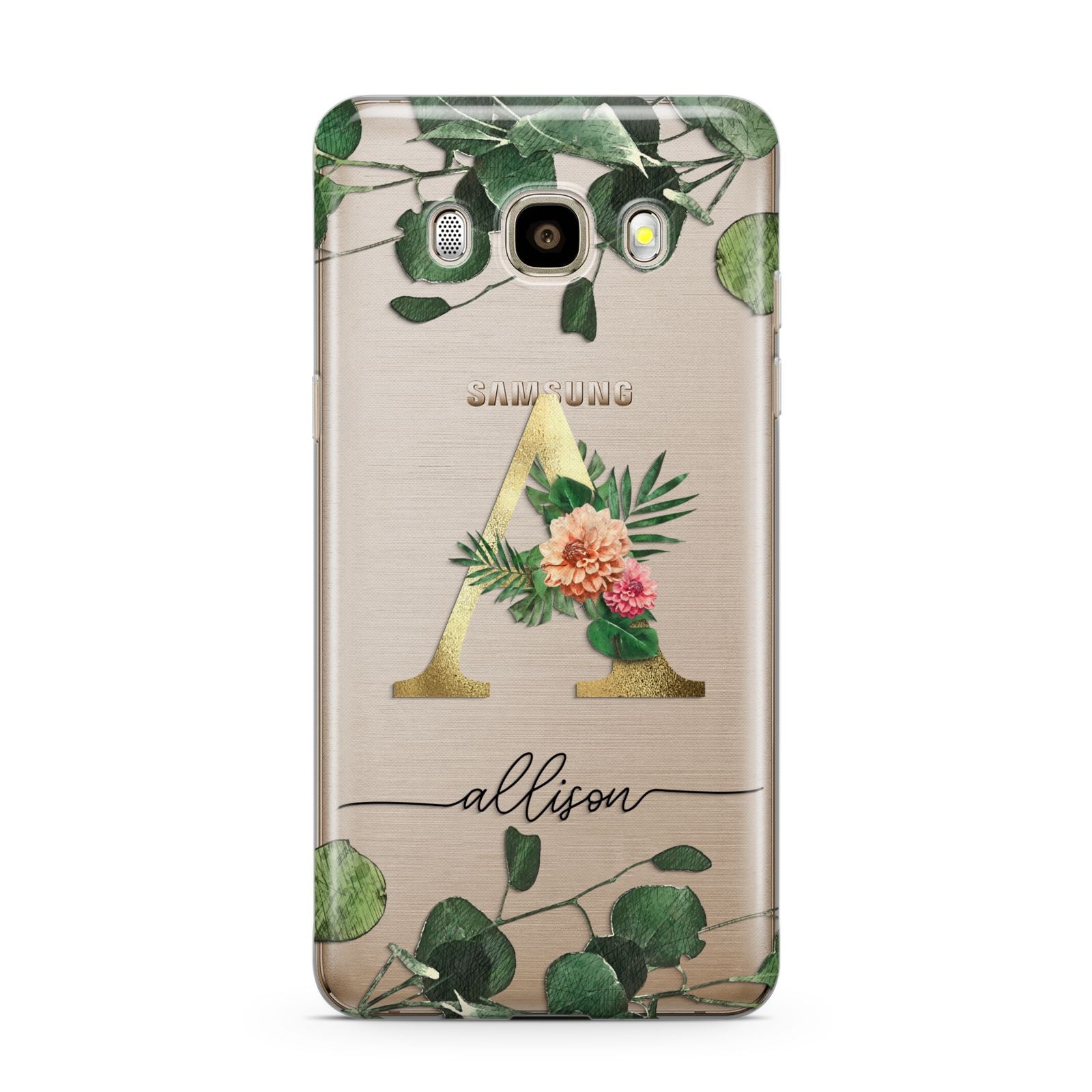 Personalised Forest Monogram Samsung Galaxy J7 2016 Case on gold phone