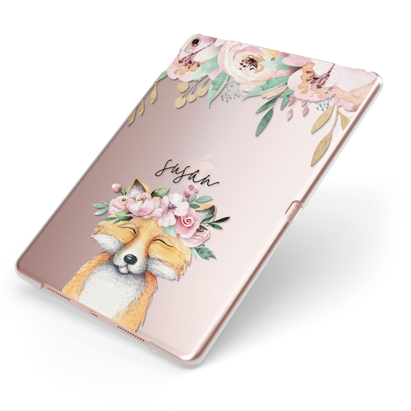 Personalised Fox Apple iPad Case on Rose Gold iPad Side View
