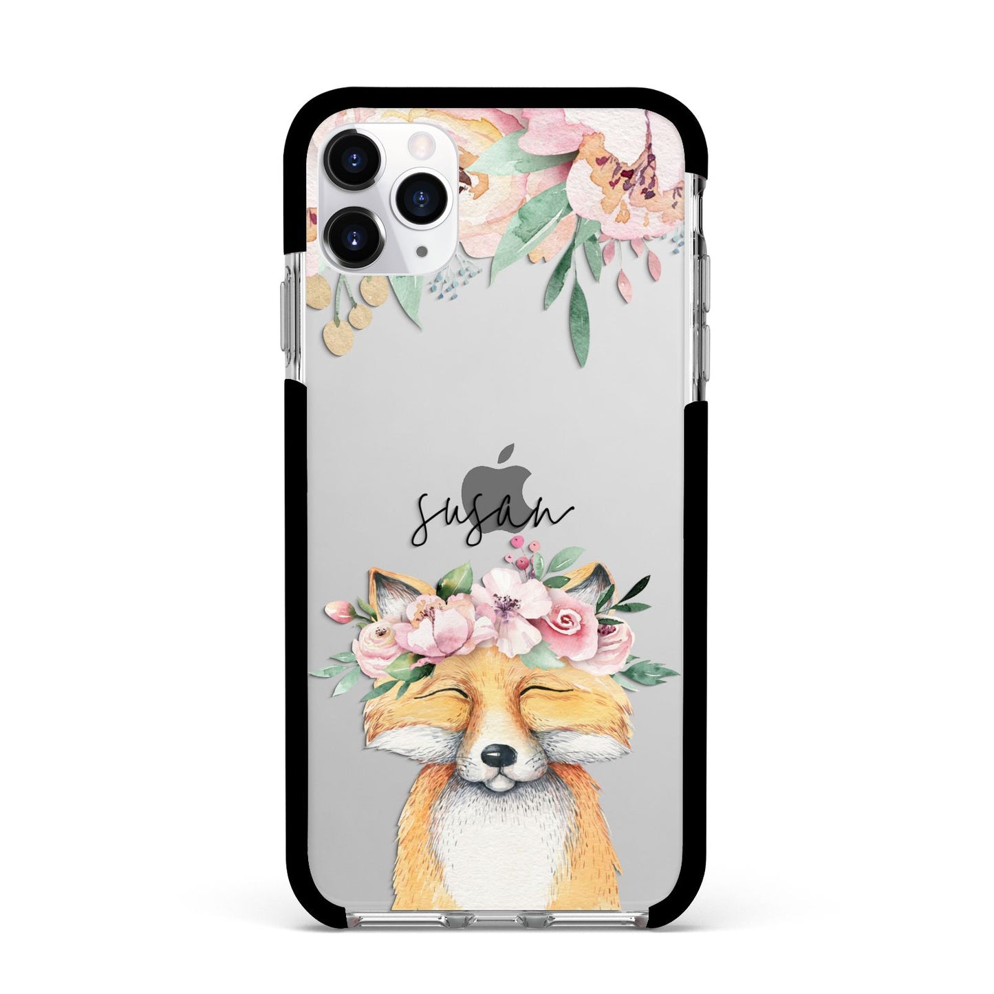 Personalised Fox Apple iPhone 11 Pro Max in Silver with Black Impact Case