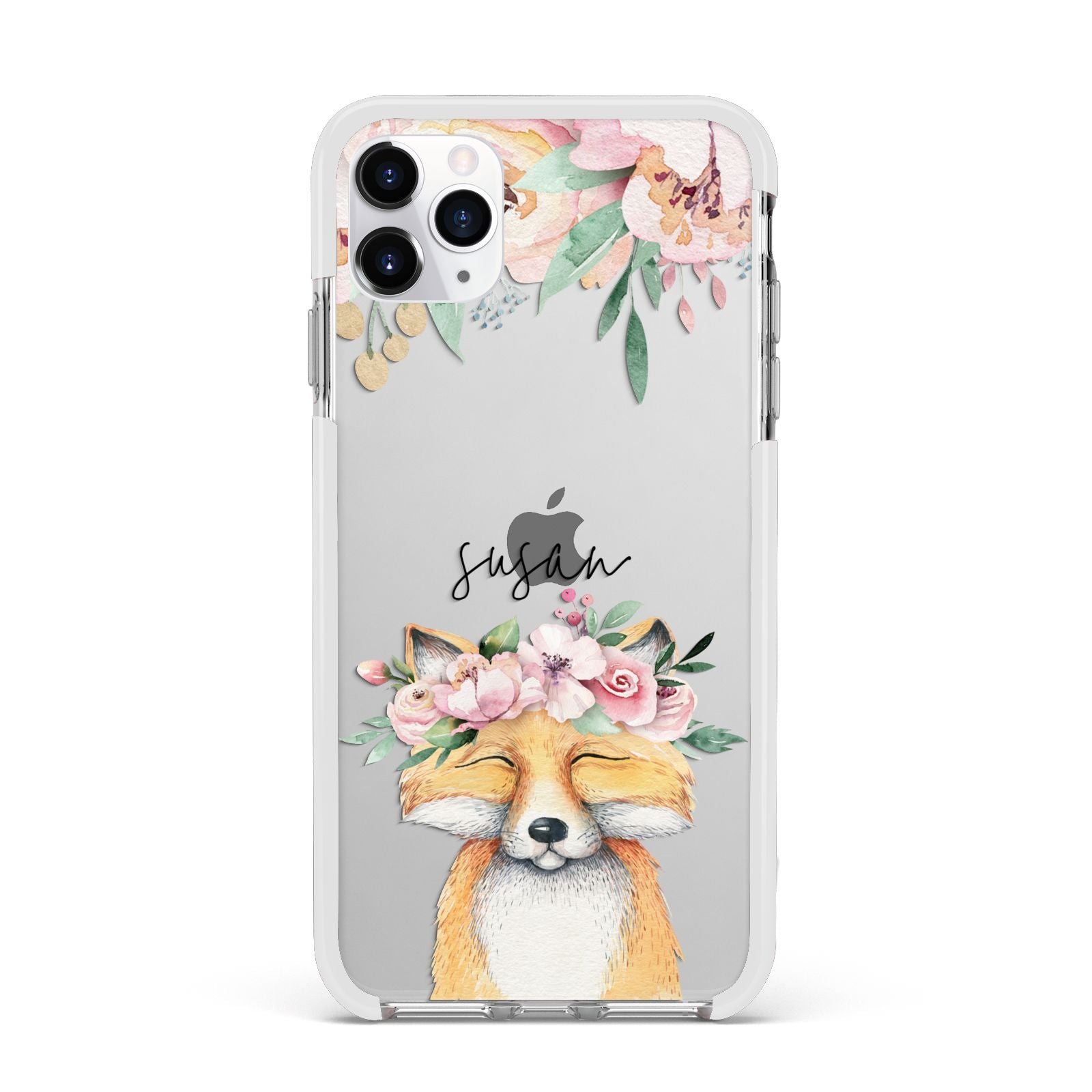 Personalised Fox Apple iPhone 11 Pro Max in Silver with White Impact Case