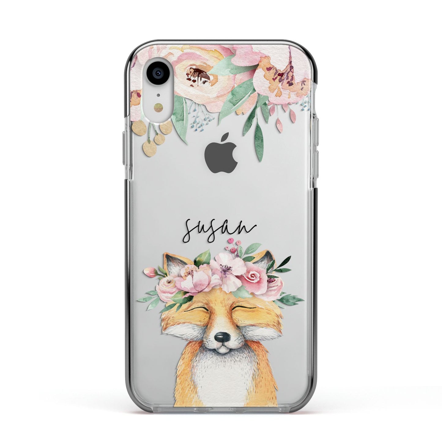 Personalised Fox Apple iPhone XR Impact Case Black Edge on Silver Phone