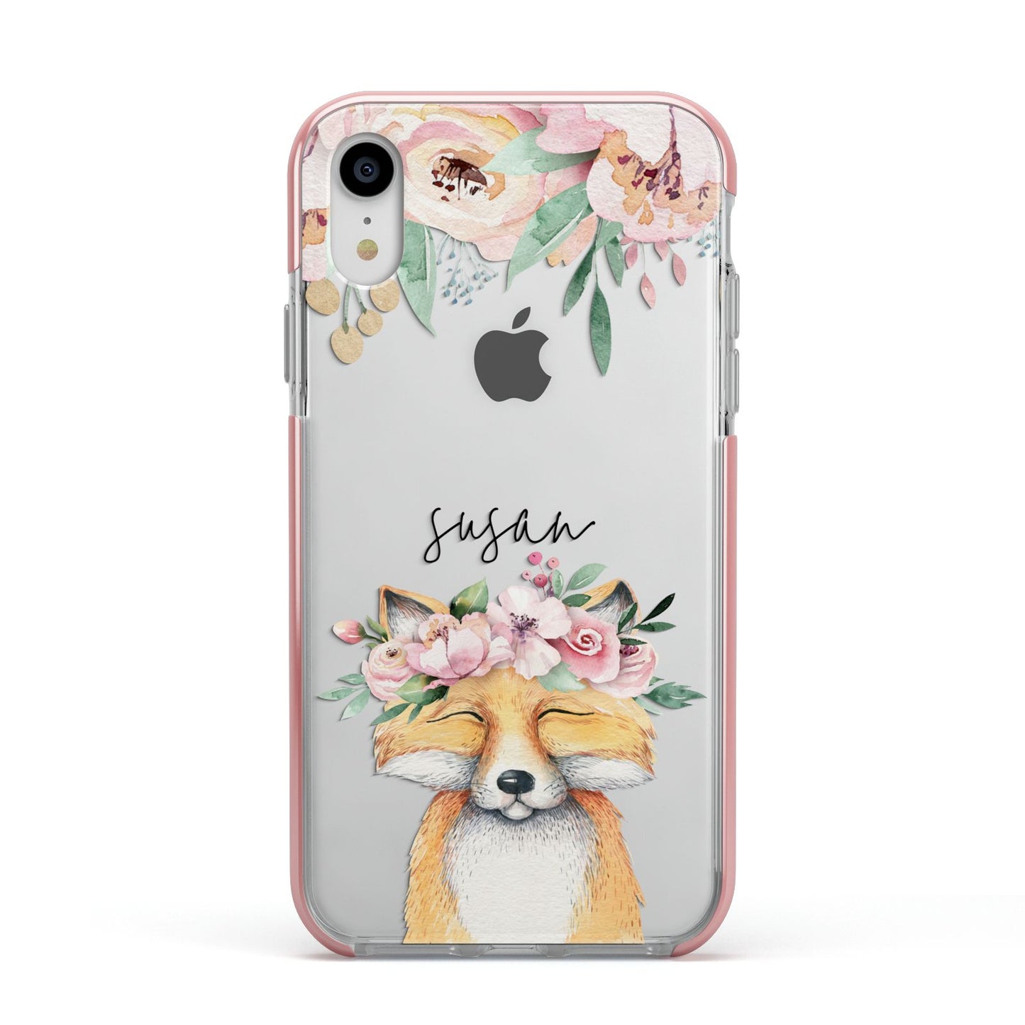 Personalised Fox Apple iPhone XR Impact Case Pink Edge on Silver Phone