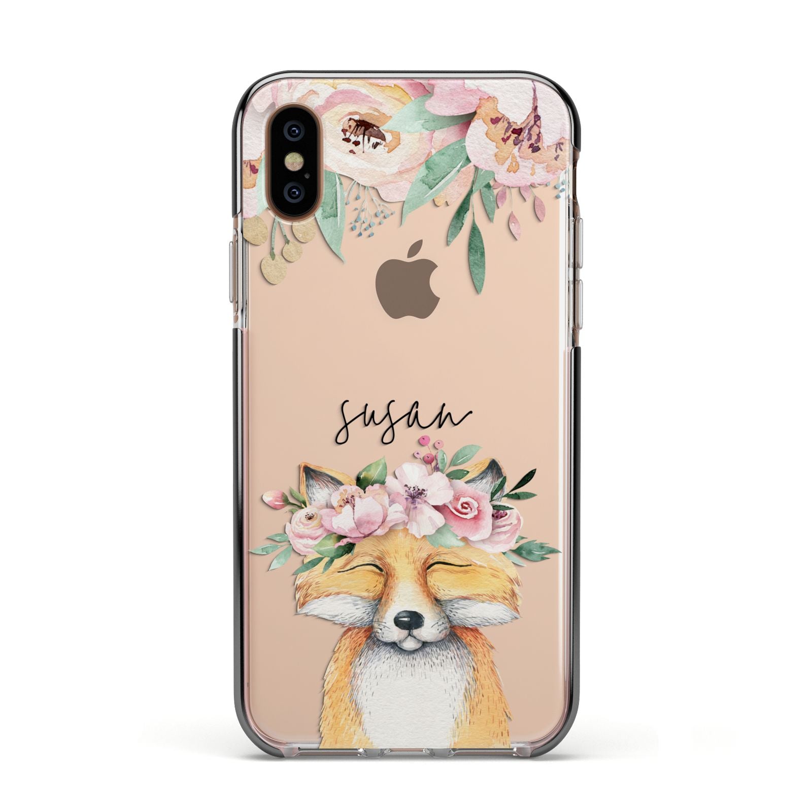 Personalised Fox Apple iPhone Xs Impact Case Black Edge on Gold Phone