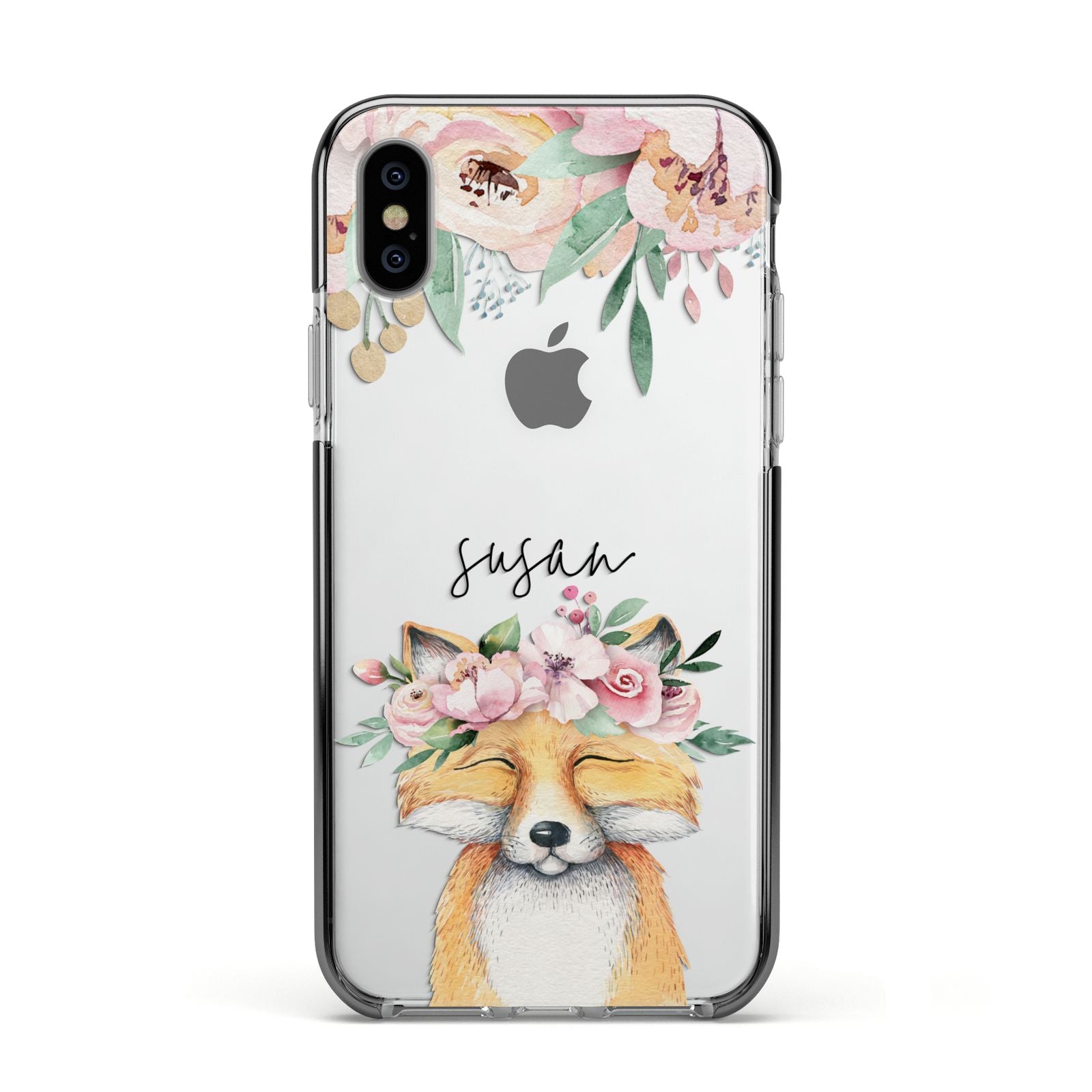 Personalised Fox Apple iPhone Xs Impact Case Black Edge on Silver Phone