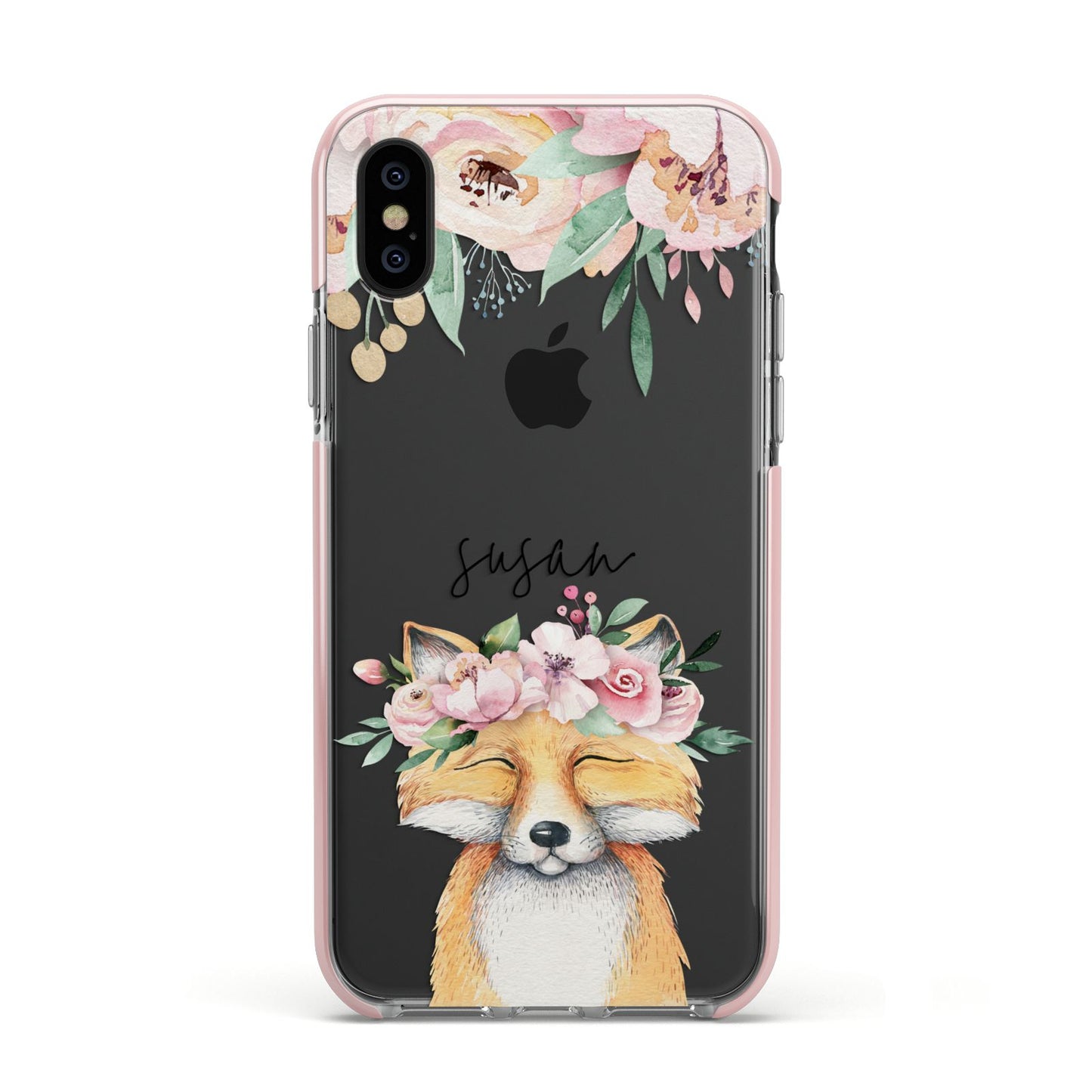 Personalised Fox Apple iPhone Xs Impact Case Pink Edge on Black Phone