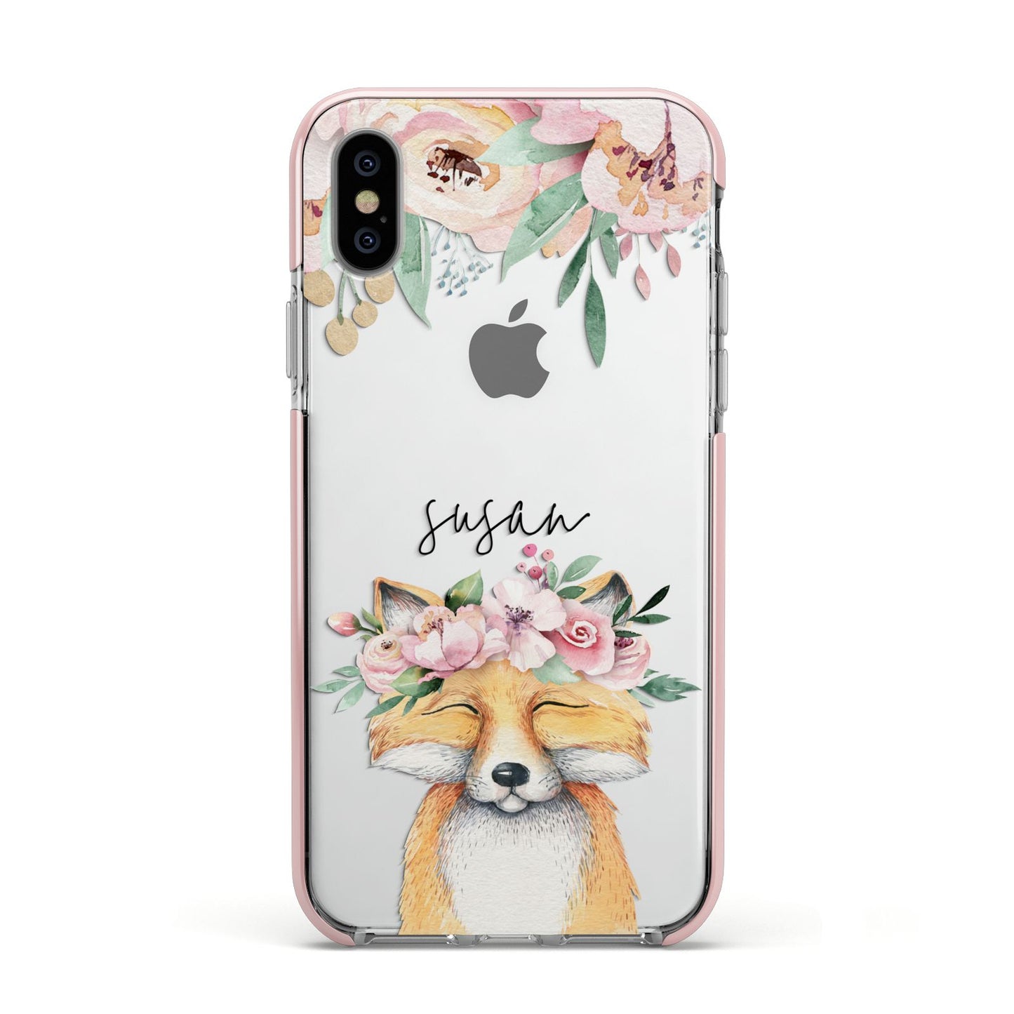 Personalised Fox Apple iPhone Xs Impact Case Pink Edge on Silver Phone