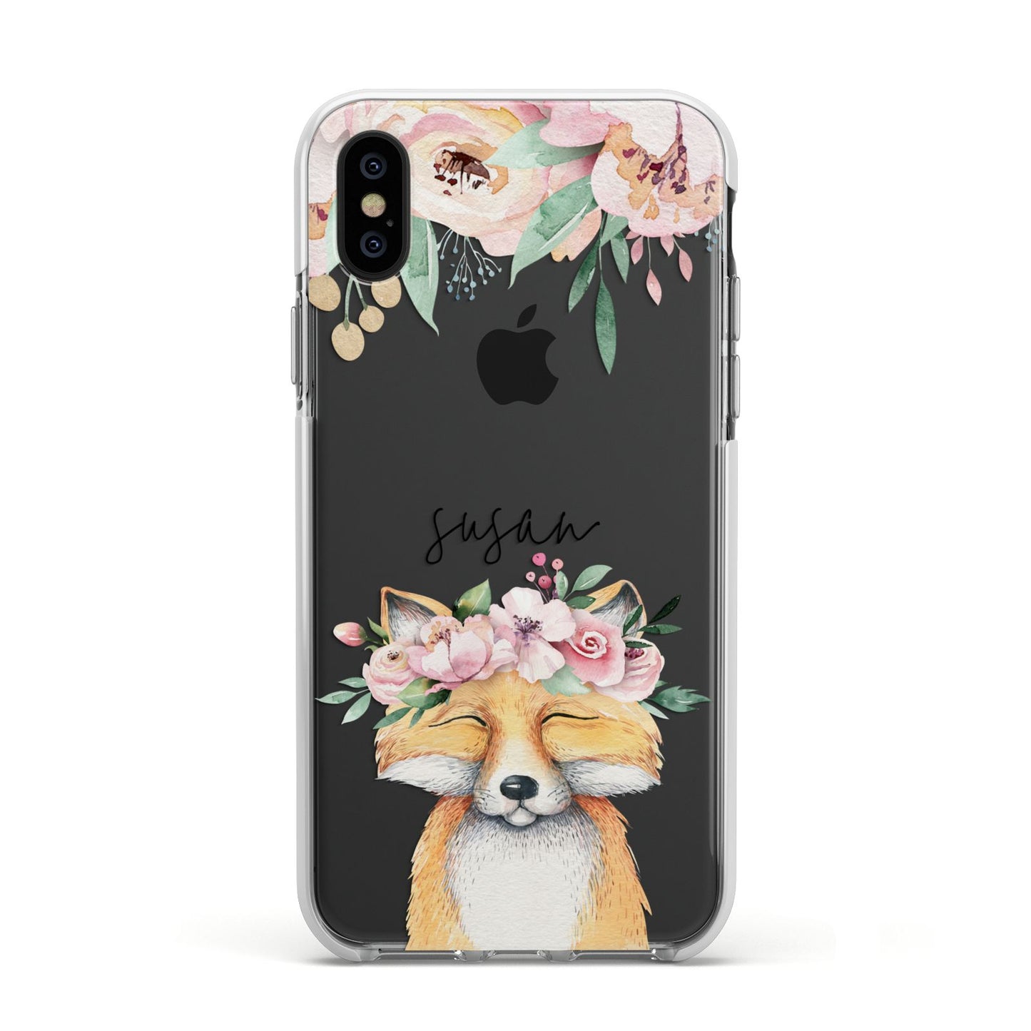 Personalised Fox Apple iPhone Xs Impact Case White Edge on Black Phone