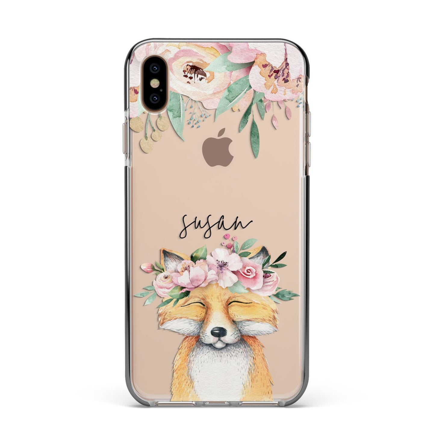 Personalised Fox Apple iPhone Xs Max Impact Case Black Edge on Gold Phone