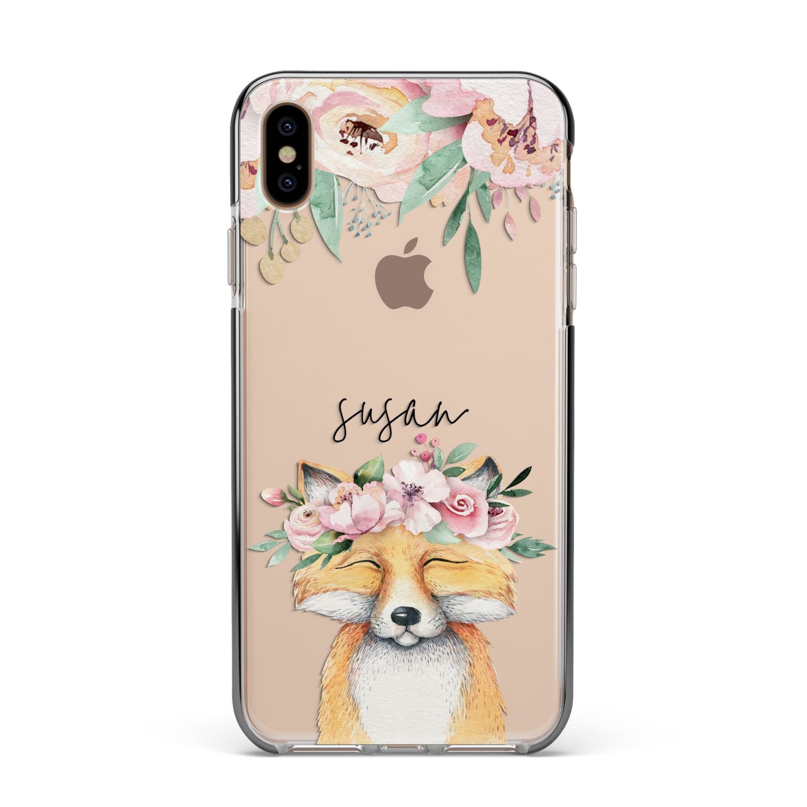 Personalised Fox Apple iPhone Xs Max Impact Case Black Edge on Gold Phone
